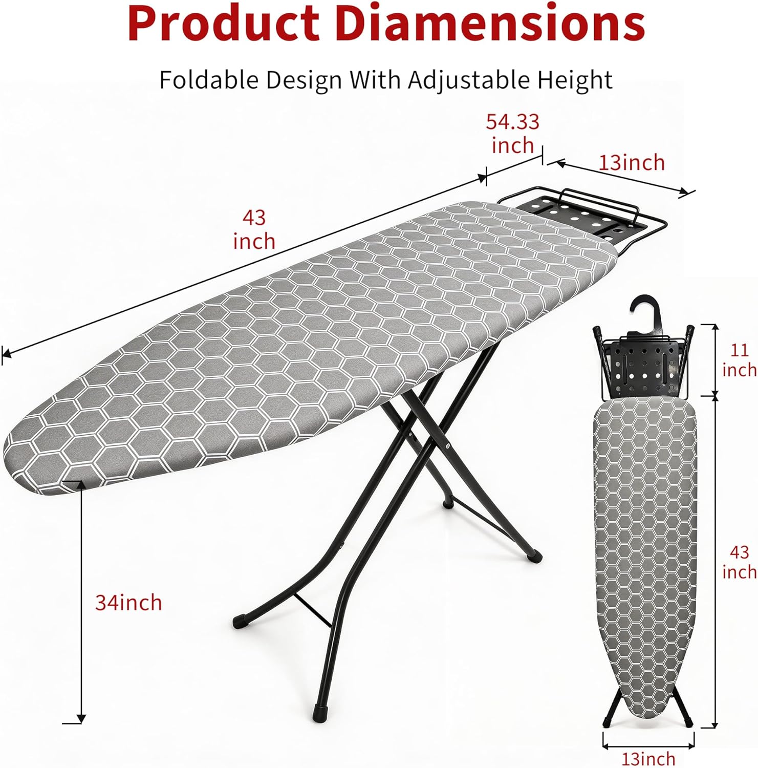 Ironing Board with Metal Iron Rest and Built-in Hook, 7 Adjustable Heights, 43" ×13" Standard Size Iron Board with 4-Layer Heat Resistant Cover and Pad for Home Apartment Laundry, Gray