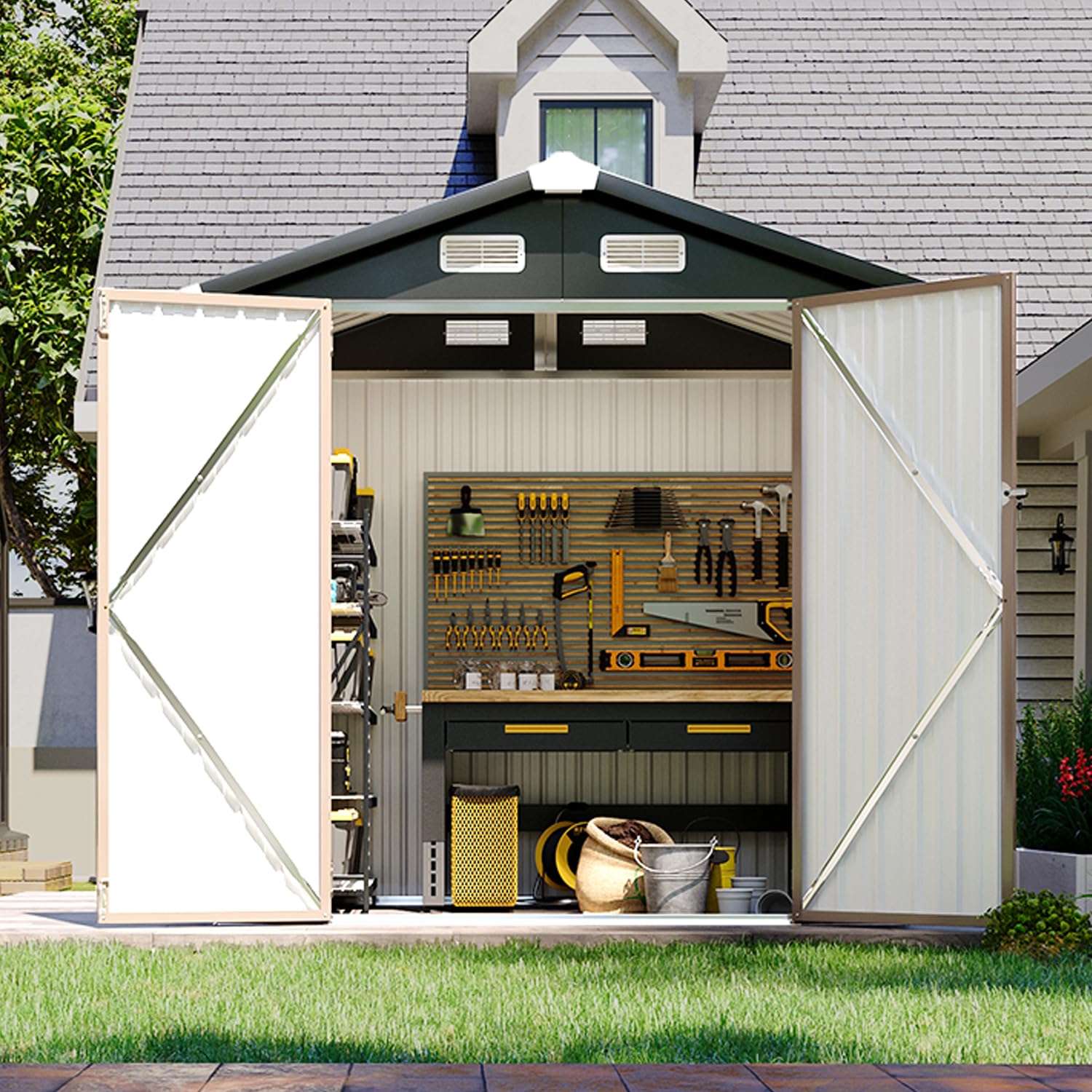 6x4 ft metal storage shed – galvanized steel garden shed with lockable doors, waterproof, perfect for bike, tool, and outdoor storage (brown)
