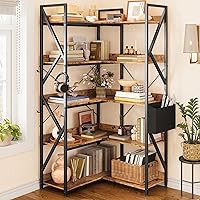 Vista 1 de Gizoon 5 Tier Corner Bookshelf, 65" H Reversible Bookshelf, Industrial Bookcase with 4 Hooks and Storage Basket, Sturdy Metal Frame, Adjustable
