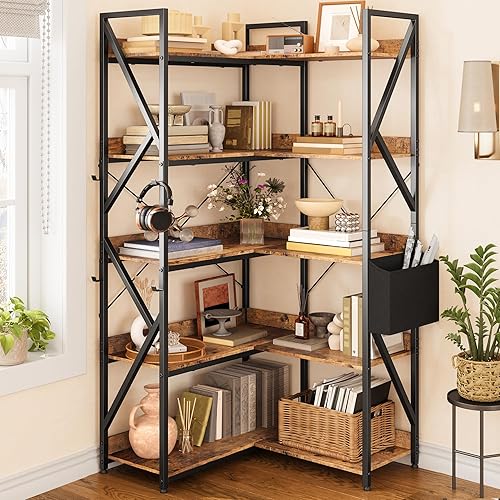 Gizoon 5 Tier Corner Bookshelf, 65" H Reversible Bookshelf, Industrial Bookcase with 4 Hooks and Storage Basket, Sturdy Metal Frame, Adjustable