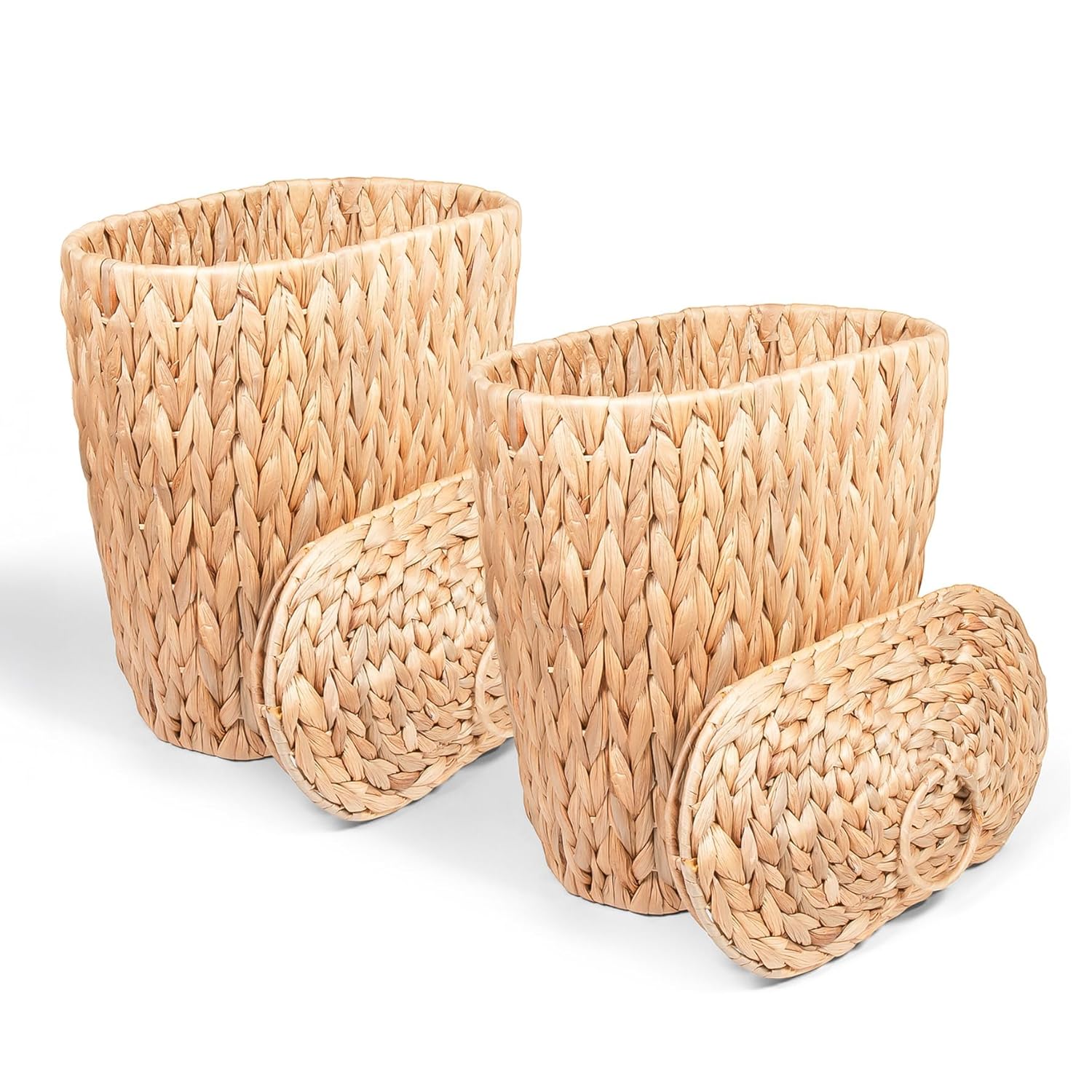 2-Pack Slim Wicker Basket with Lid – Small Waste Basket for Narrow Spaces | Rattan Decor - Handwoven Water Hyacinth Baskets and Covers | Covered Trash Can - Set of Two