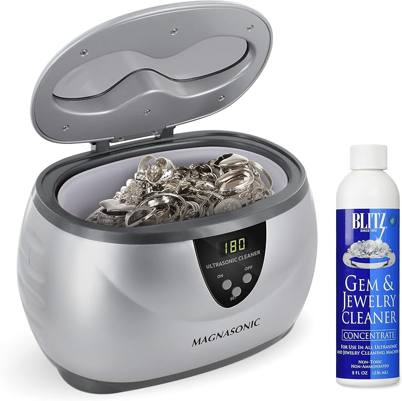 Limpiador ultrasónico Magnasonic, tanque de acero inoxidable de 20 oz, temporizador digital, 5 modos de limpieza, con solución concentrada limpiadora de gemas y joyas de 8 oz para todas las joyas, anteojos, relojes, dentaduras postizas y retenedores