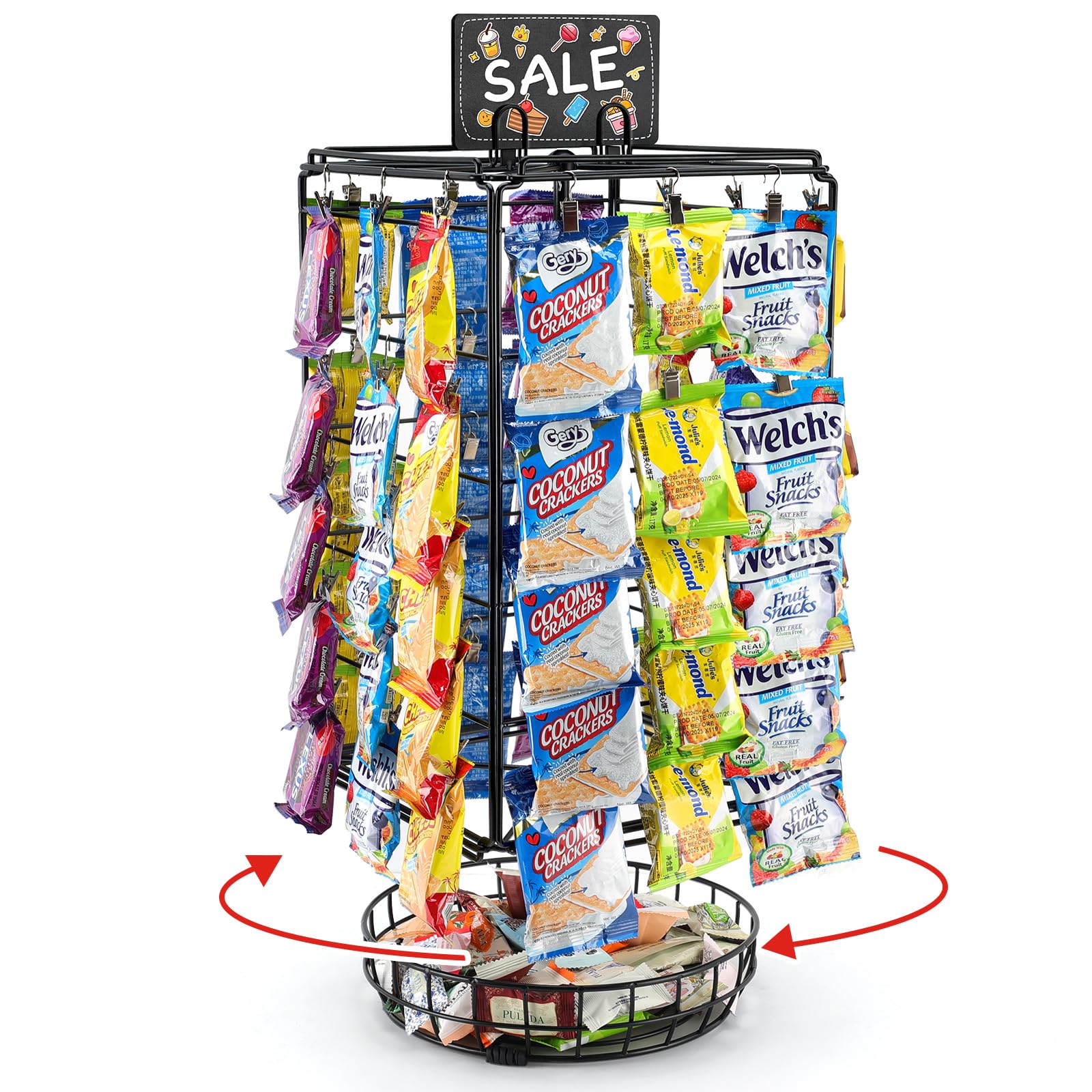 vefix Chip Rack Display Stand, 5 Tiers 60 Clips Snack Retail Display Rack, 360° Rotation Snack Retail Display Rack, Potato Chip Rack, Candy Display Rack, Chip Holder-with Basket