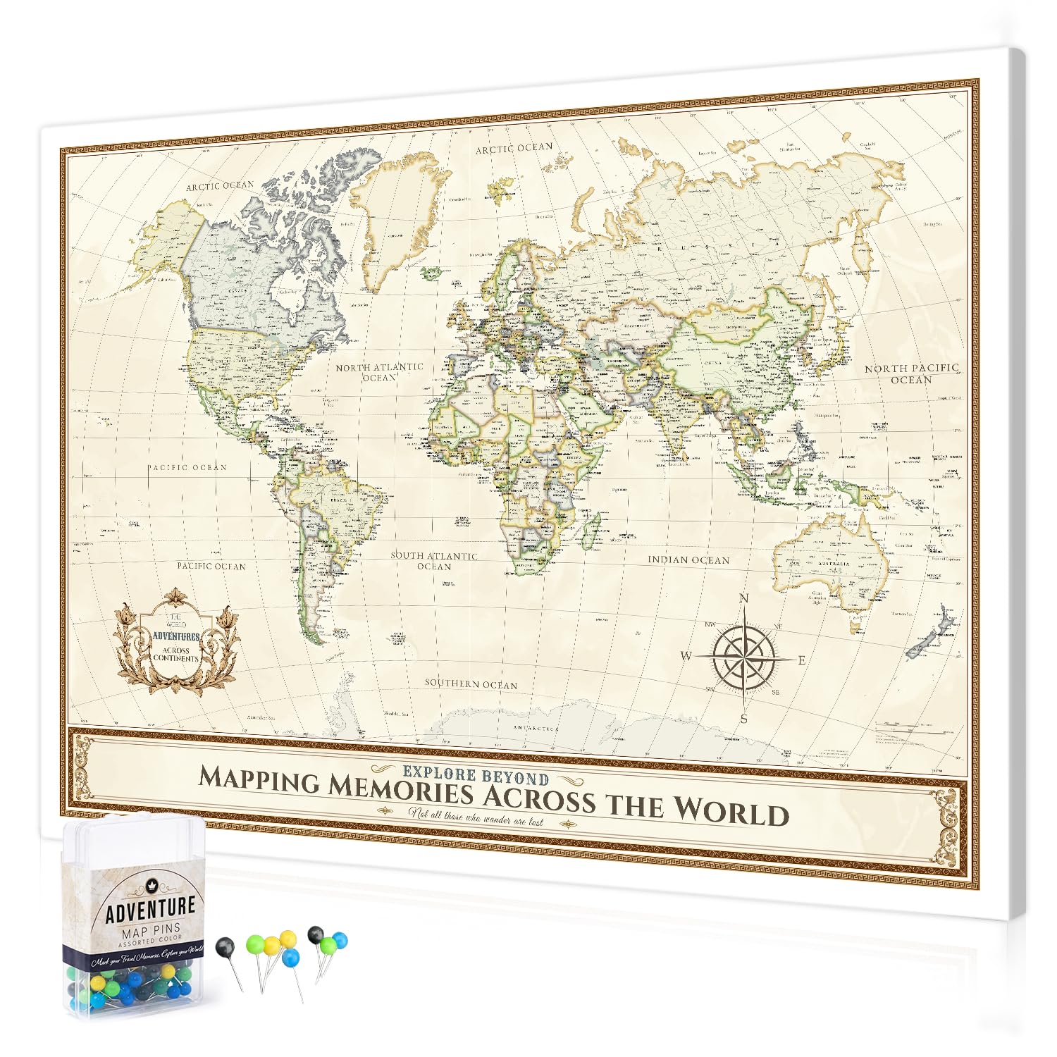 DECORARTS World Map Pin Board,Colorful World Travel Map with Pins,40x30''
