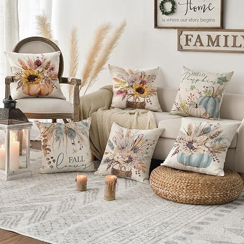 Miniatura 9 de AVOIN colorlife Juego de 4 fundas de almohada otoñales de algodón con diseño de calabaza y trigo con girasol, 12 x 20 pulgadas, color naranja