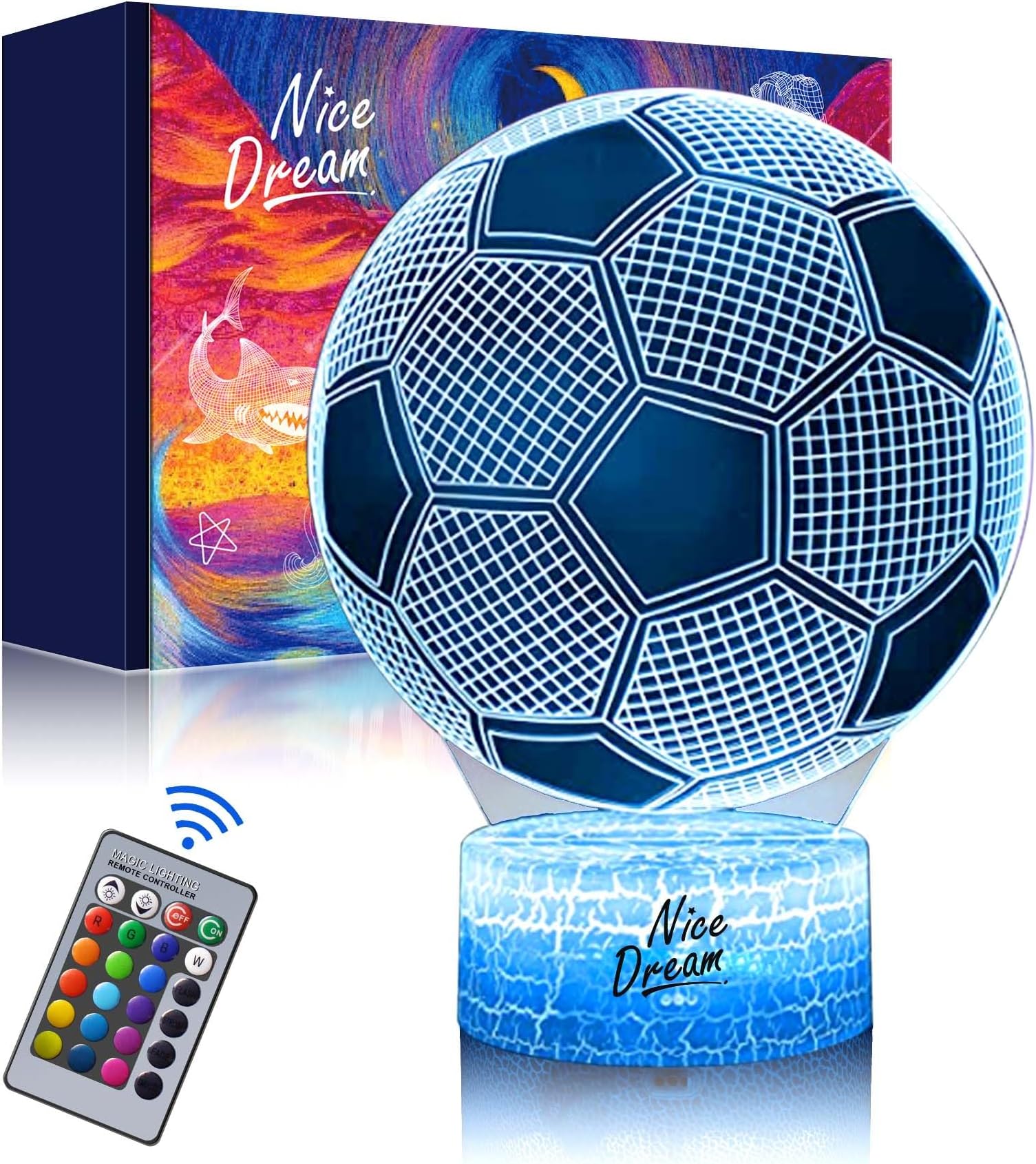 Nice Dream Soccer Night Light for Kids, 3D Illusion Night Lamp, 16 Colors Changing with Remote Control, Kids Room Decor, Toys Gifts for Children Boys Girls