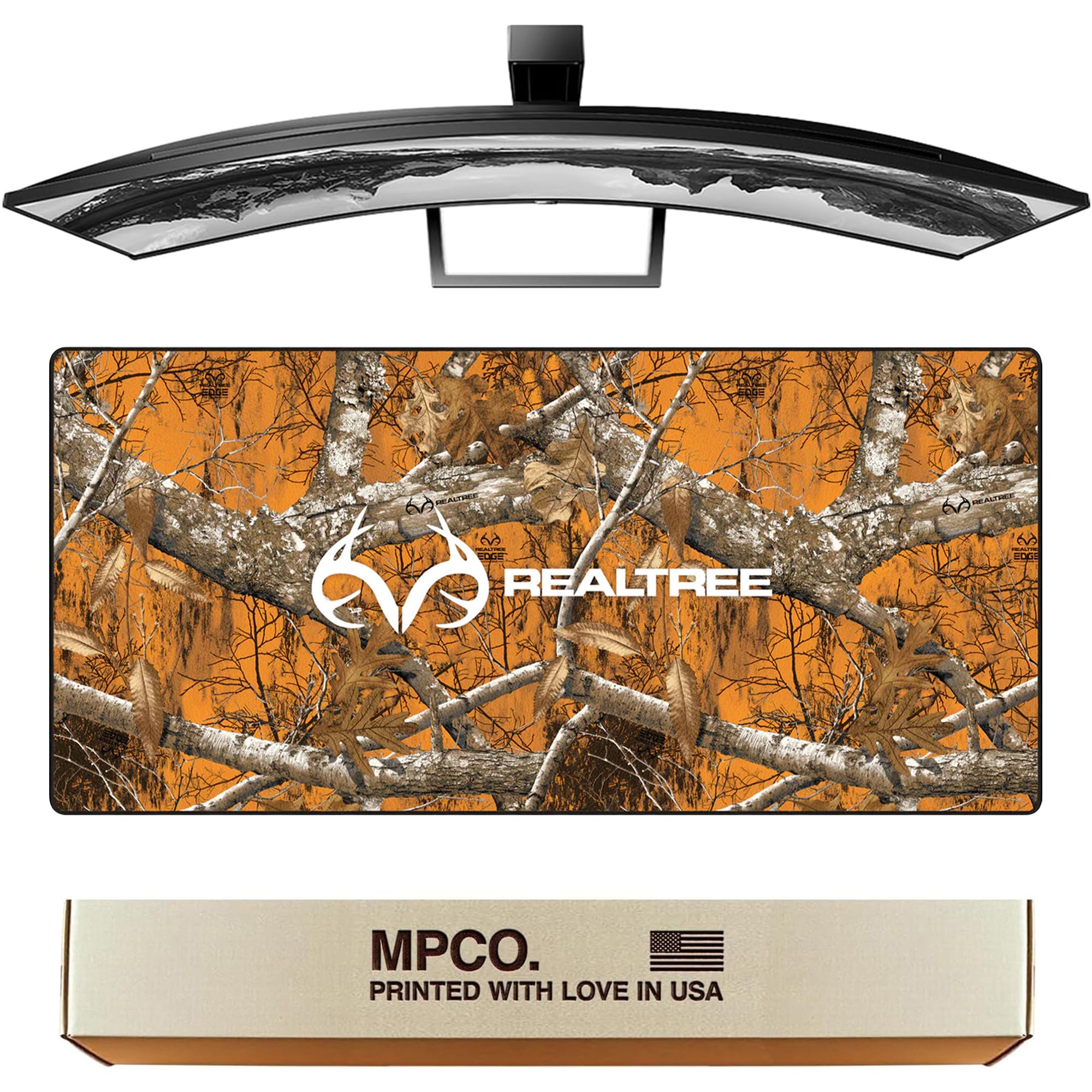 MPCO. Real Tree - Tappetino da scrivania da gaming, 91,4 x 43,2 cm, bordo in tessuto Duraglyde, arancione, con logo, antiscivolo, lavabile, scorrevolezza liscia, per giochi di precisione e lavoro