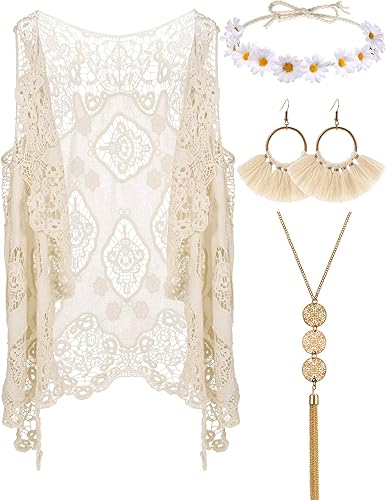 WILLBOND 4 piezas de trajes de Halloween de los años 60 y 70 para mujer, disfraz hippie de los años 70, accesorios para mujer, chaleco hippie con