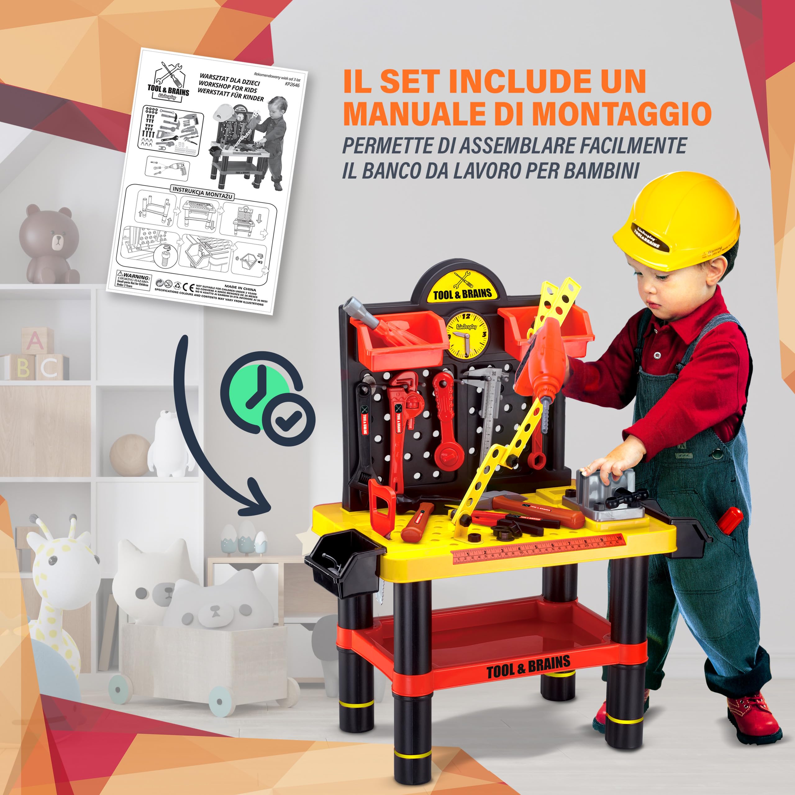 Kinderplay Banco da Lavoro Bambini – Officina Giocattolo con Trapano Elettrico e 50 Accessori – 3+ Anni – Casco Incluso – 58x33x68 cm