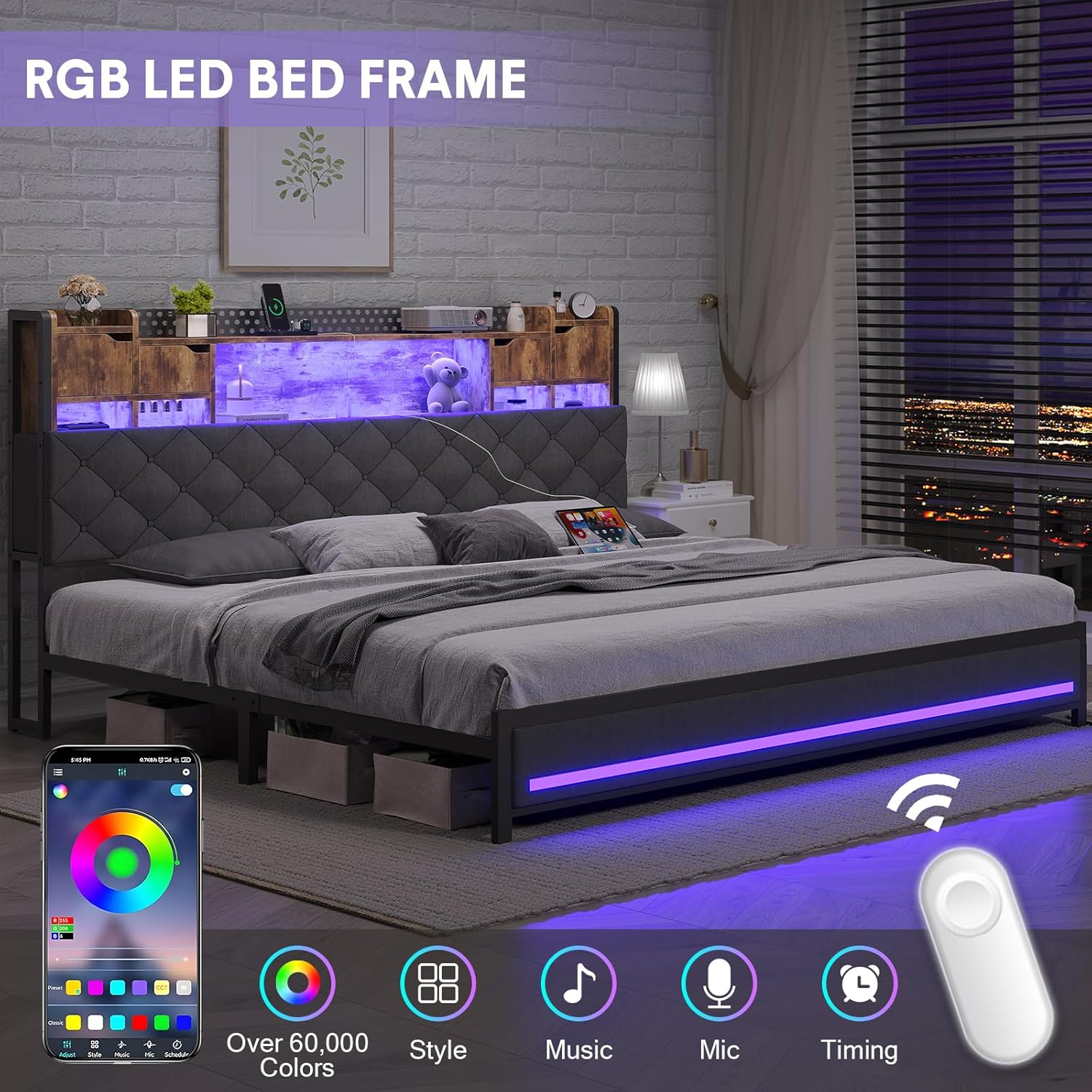 Dnxao King Bed Frame with Upholstered Headboard, Bed Frame King Size with Hidden Storage,3-Tier Storage Shelves, LED Lights and Charging Station, King Bed with Noise-Free, No Box Spring Needed, Gray