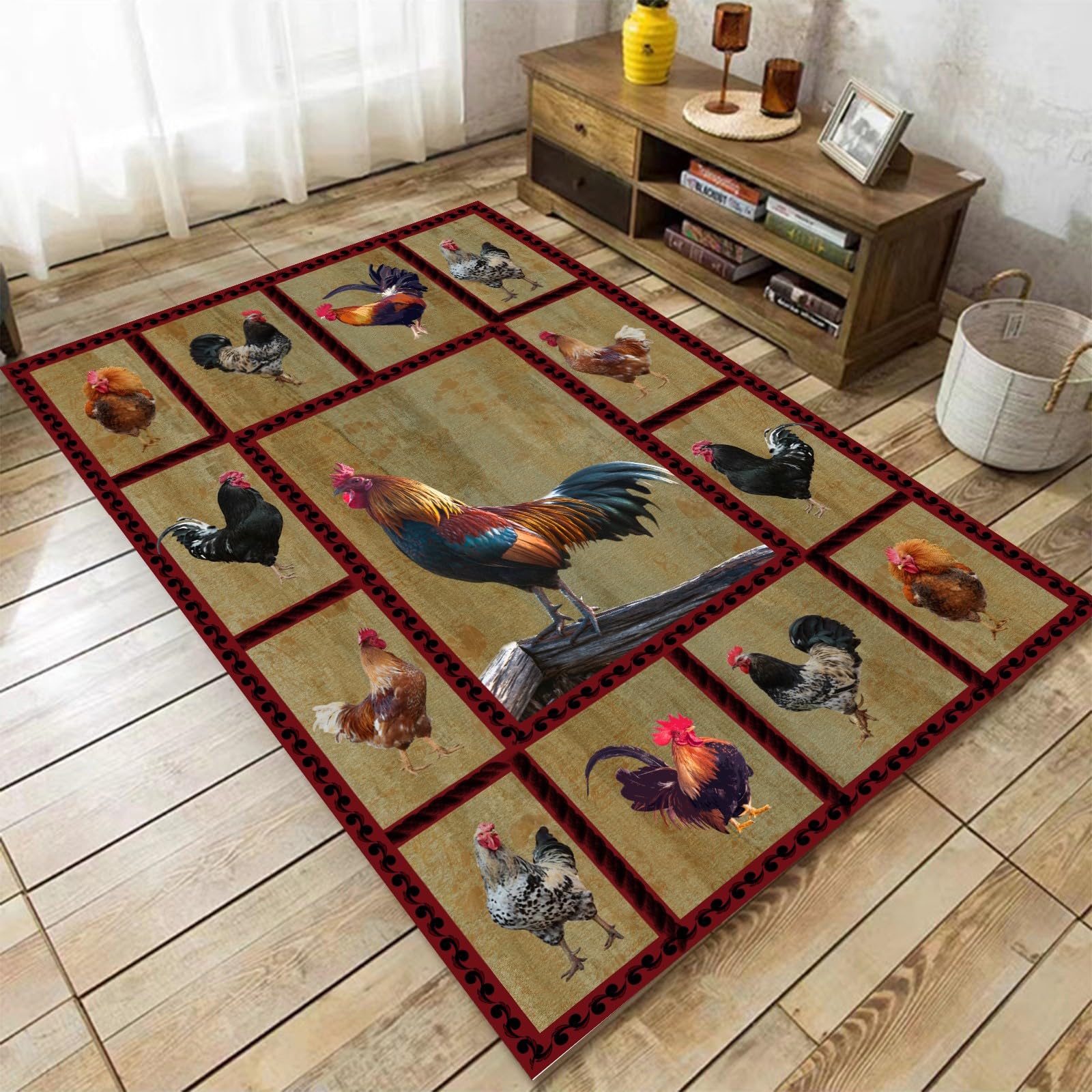 Animal Chicken Country Area Rug, 5x7ft, Vintage Plaid Geometric Patchwork Design Red Black and White Rooster Rug, Farm House Roof Hen Print Rug for