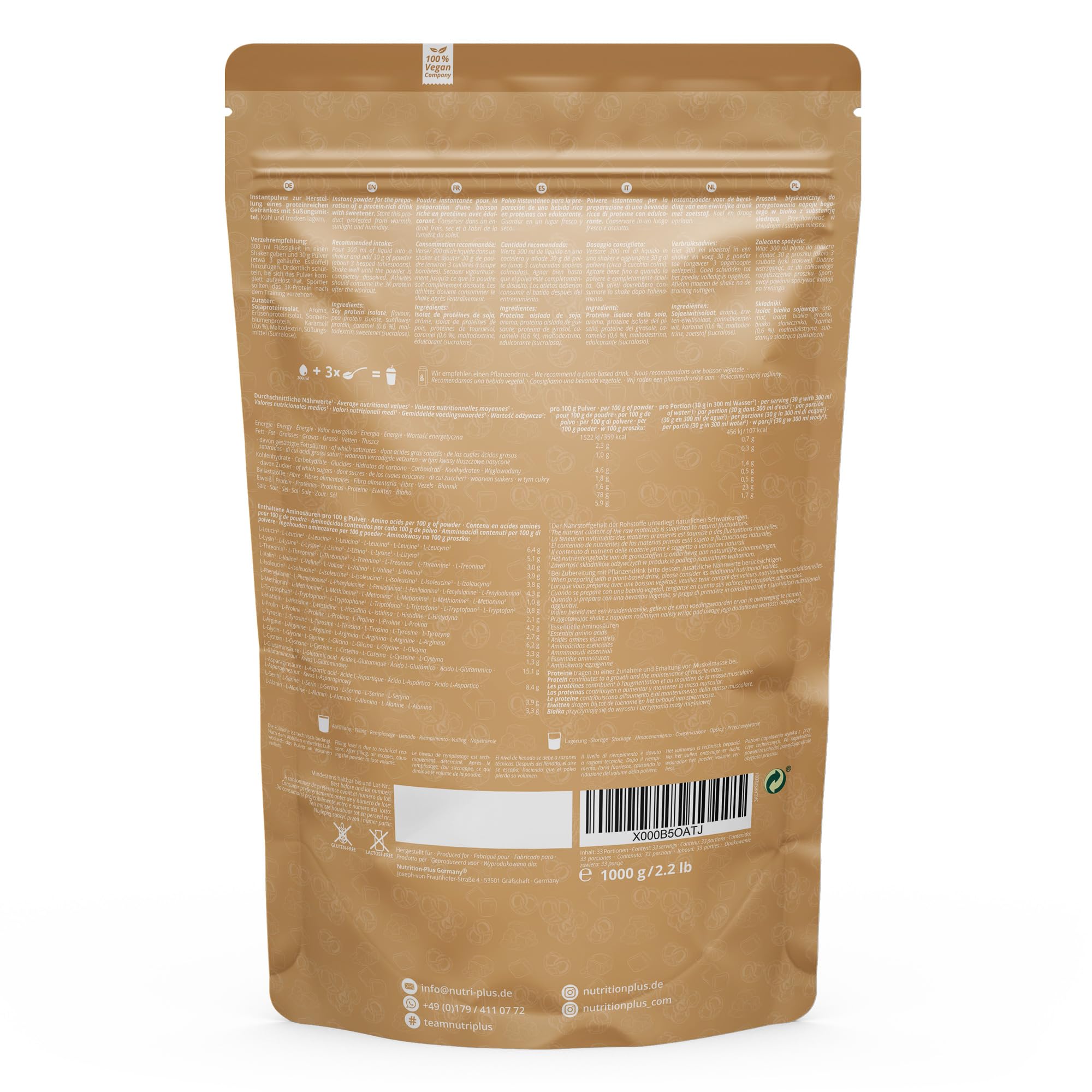 Nutri + Eiweiß Pulver Vegan Salted Caramel Pretzel 2 kg - 3k Protein Salty Bretzel - Pflanzliches Proteinpulver ohne Laktose und Zucker-Zusatz - Eiweißpulver Shake Salzbrezel