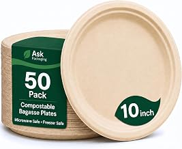 Strong Paper Plates 10 Inch 50 Pack, Heavy Duty Disposable Dinner Plates | Bagasse Plates for Hot Food, Microwave Safe, Compostable, Eco-Friendly, Biodegradable Plate, for Parties, Weddings, Picnics