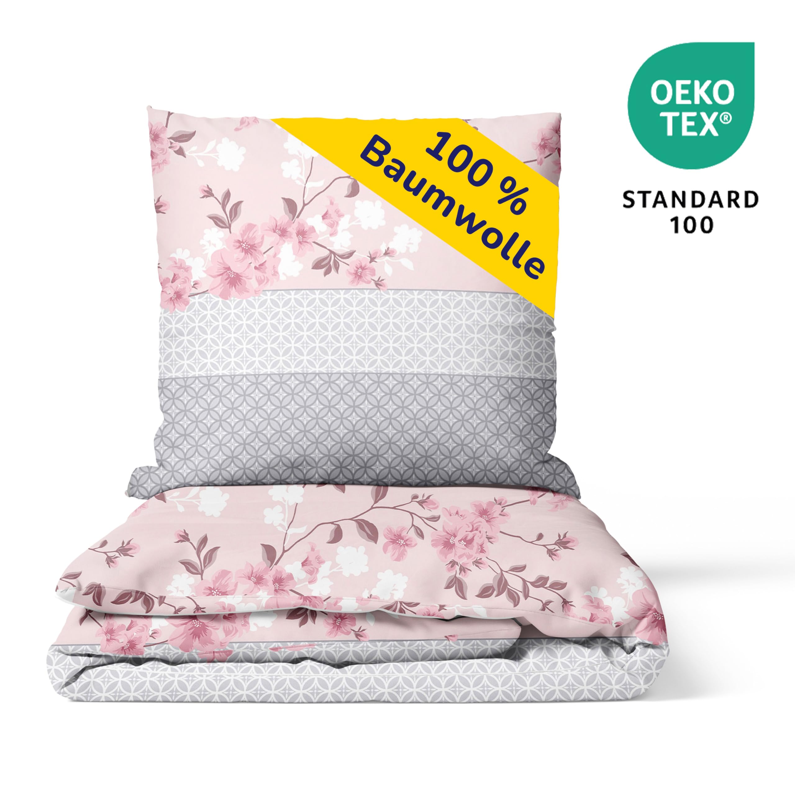 Bettwäsche aus 100% Baumwolle 2tlg. 155x220 + 80x80 cm Blumen rosa | Renforcé Bettwäsche mit Reißverschluss, leicht, atmungsaktiv, bügelfrei, ideal für Frühling, Sommer, Made in EU, OEKO-Tex