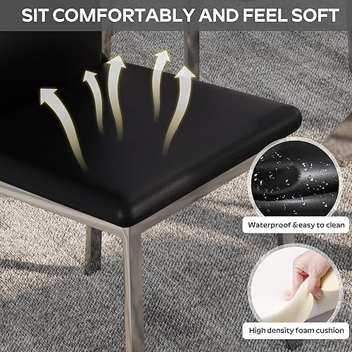 Miniatura 5 de Juego de 4 sillas de comedor modernas, piel sintética negra con patas de metal plateado cromado, diseño curvado de respaldo alto y amortiguación de