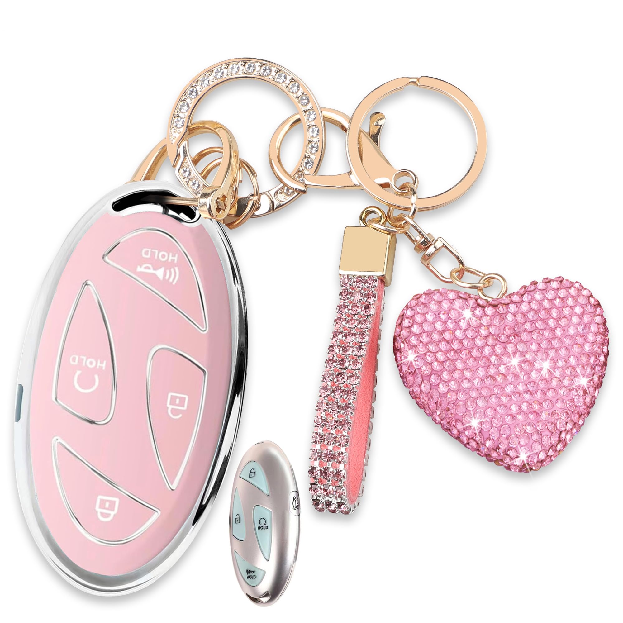 LORYVAN Key Fob Cover Fit for Hyundai, 5 Buttons - Pink, Heart Shaped Keychain for Women