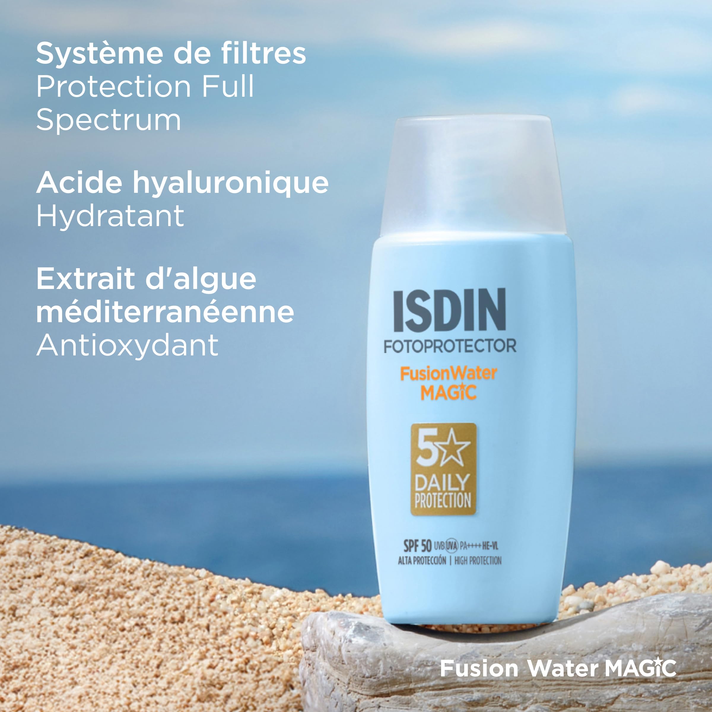 ISDIN Fusion Water MAGIC SPF 50 (50 ml) | Crème Solaire Visage à l'Acide Hyaluronique | Texture Ultra-légère & Fini Invisible | Sans Octocrylène