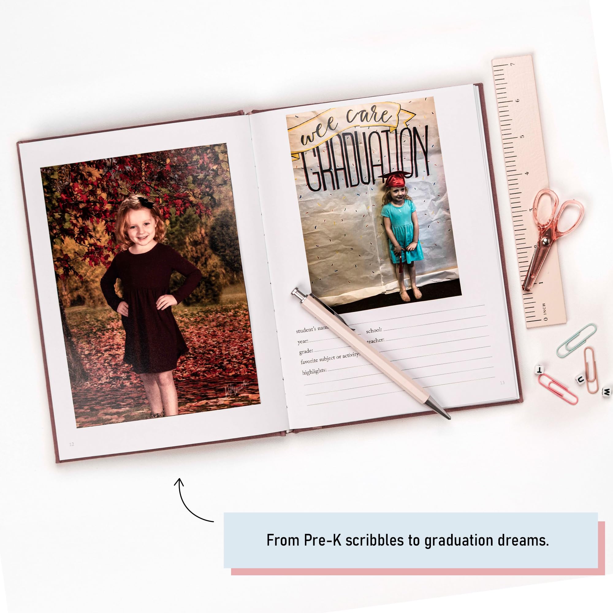 Elegancka szkolna książka pamiątkowa, Prek-12, trwała szkolna fotoksiążka z miejscami na zdjęcia, podpowiedzi i nie tylko, 70-stronicowy notatnik dla dzieci do łatwego prowadzenia dziennika (fioletowy