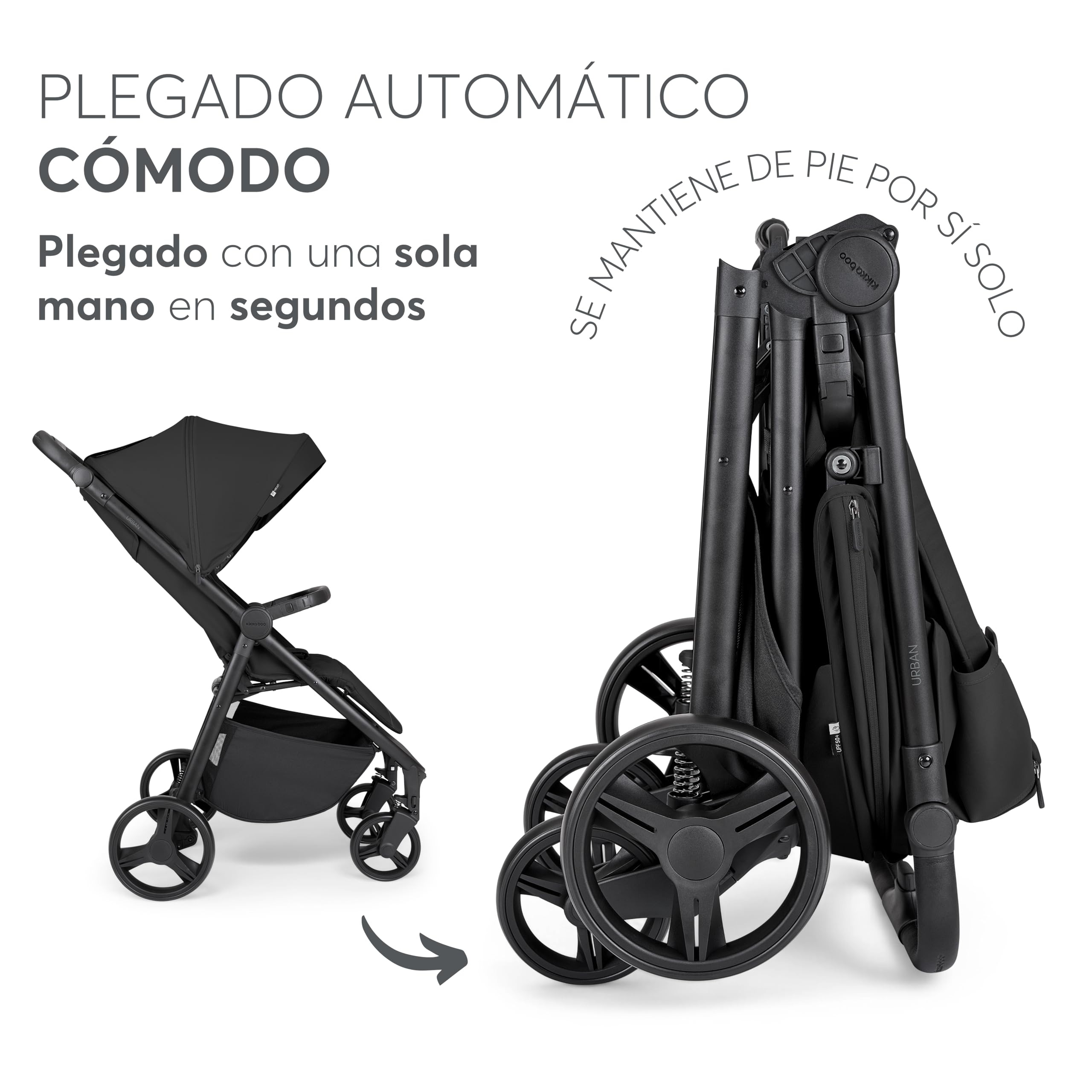 KikkaBoo Silla de Paseo Ligera URBAN, Carrito Bebe Desde Nacimiento Hasta 22 kg, Plegado con Una Mano, Compacto, Ruedas EVA Con Suspensión, Manillar Ajustable, Negro