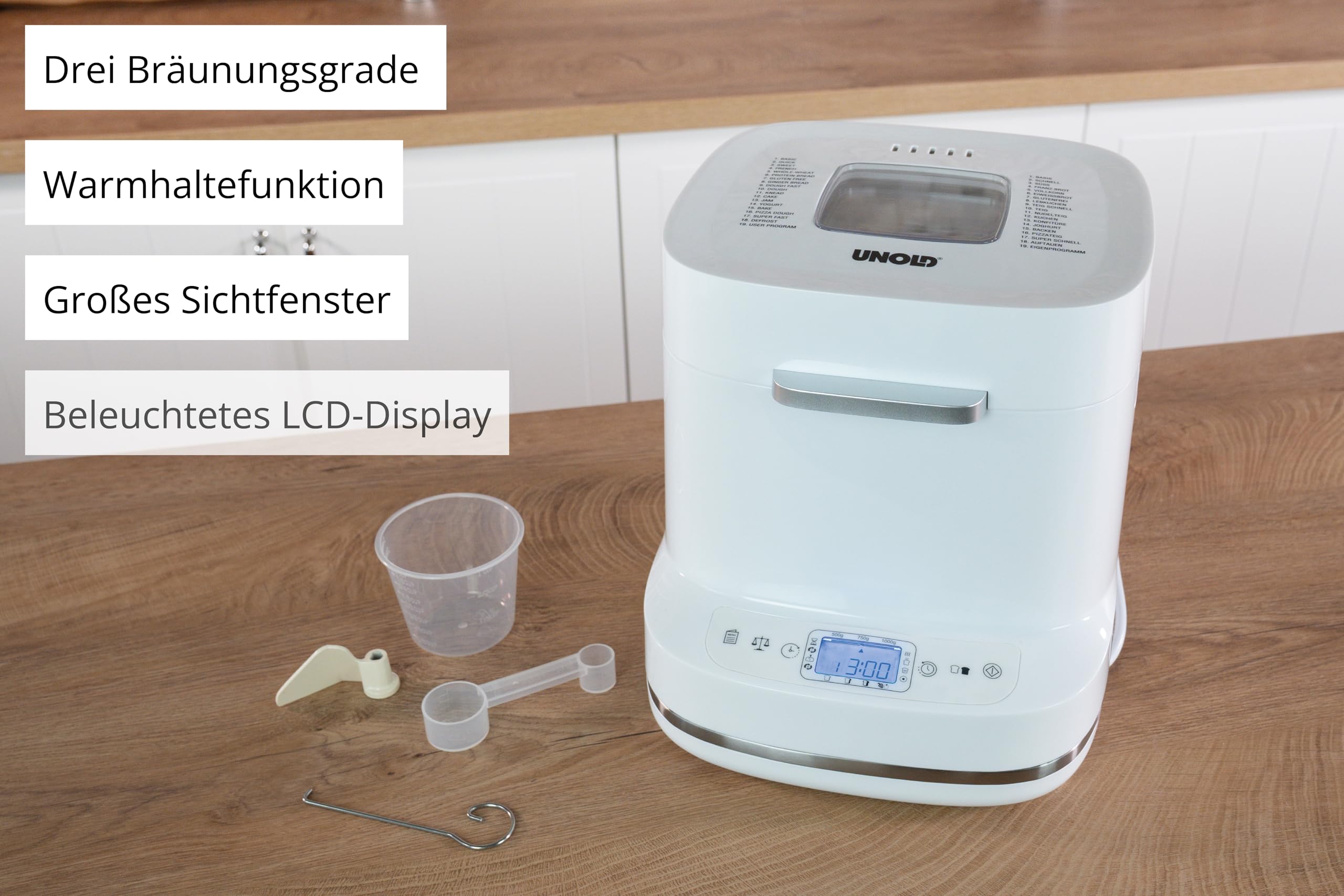 Unold Backmeister Bernd 68120, bis 1000 g Gewicht, 19 Programme, individuelles Programm, Zeitvorwahl, Antihaftbeschichtet, LCD-Display, entnehmbare Backform, 550 Watt, Weiß