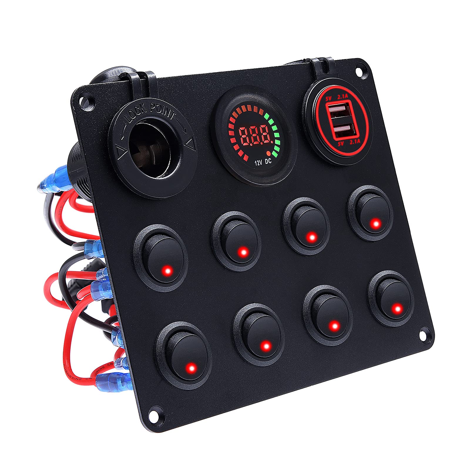 KAOLALI Przełącznik kołyskowy z 8 przełącznikami + gniazdo zapalniczki samochodowej 12 V+LEDVoltimetr + 4,2 A podwójna ładowarka USB do kampera