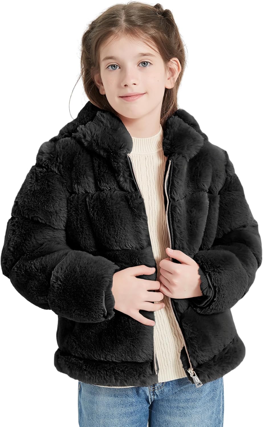 Giolshon Girls Faux Fur Fleece Jacket Sherpa Fuzzy Hoodie Winter Coat with Full Zip Fluffy Outerwear 2169