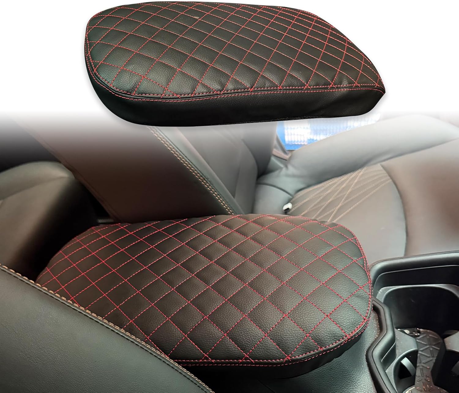 Center Console Armrest Cover for 2025 Toyota RAV4 Accessories 2024 2023 2022 2021 2020 2019 PU Leather Middle Console Lid Cover Pad Protector Elbow Arm Rest Covering Car(Red Line Grid)