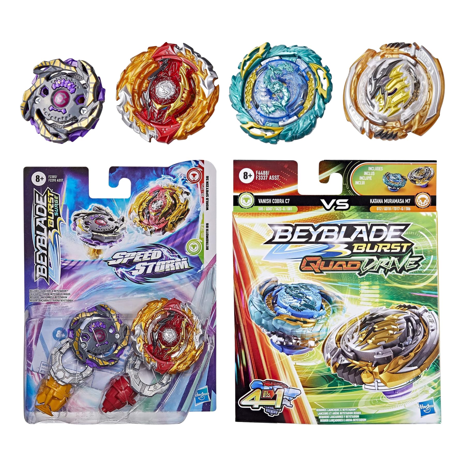 Bey-blade Burst Speedstorm & Quad Drive - World Spryzen S6, Betromoth B6, Katana Muramasa M7, Vanish Cobra C7 - Twin Pack - 4 Bey-blades