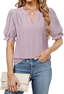 Unixseque Womens Summer Tops Business Casual Puff Sleeve Blouses V Neck Knit Shirts