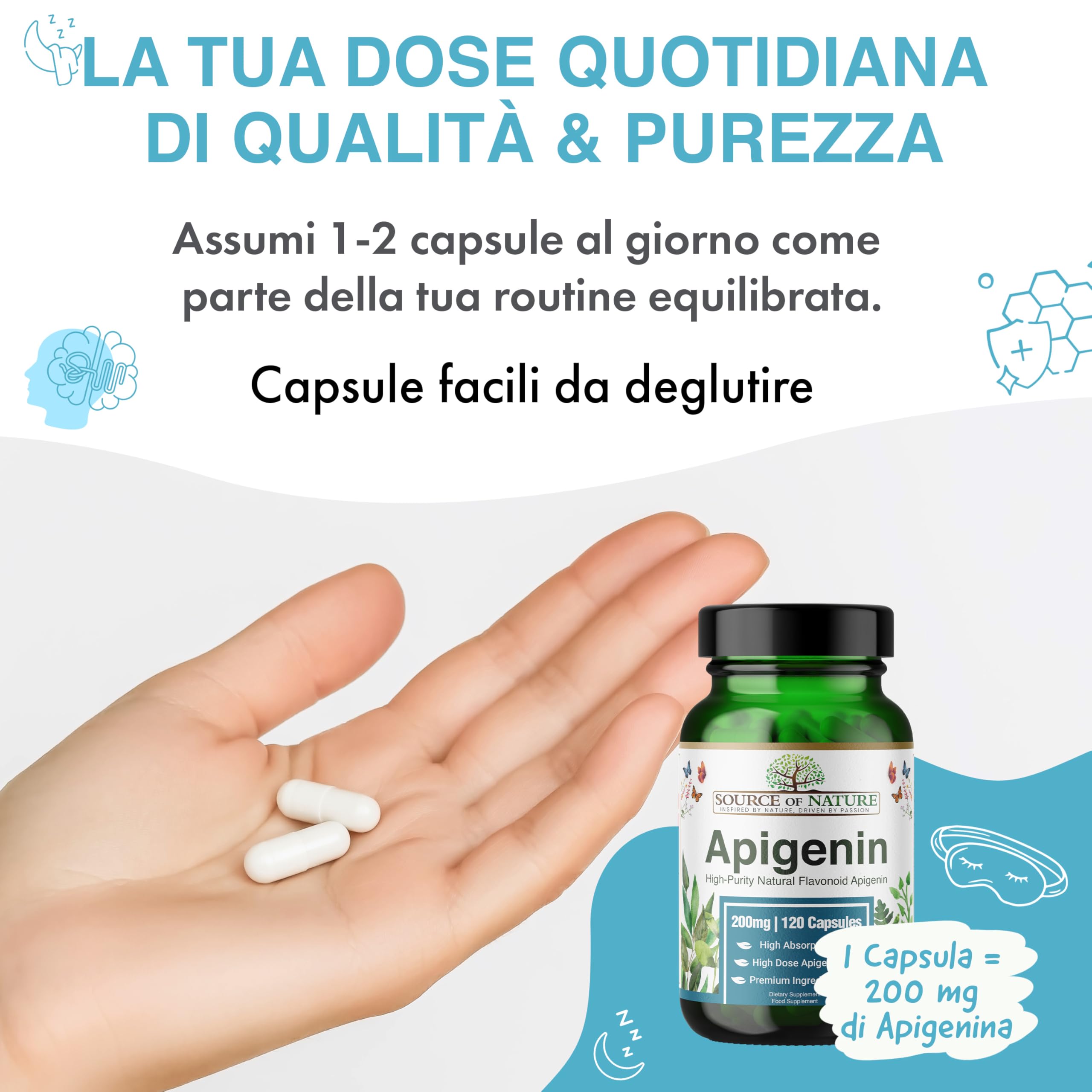 Source of Nature® | 200mg Apigenina | 120 Capsule | Integratore Premium di Flavonoidi | Senza Additivi Indesiderati | Qualità Danese Premium | Testato da Terze Parti