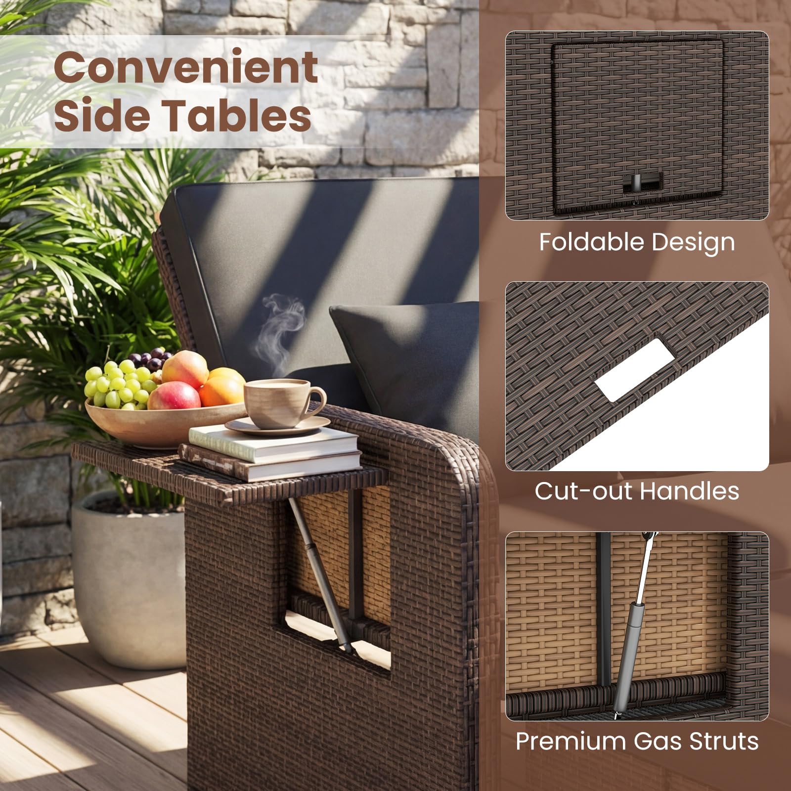 GIANTEX Sofá de Jardín 2 Plazas con Taburete Reposapiés, Muebles Ratán 2 Piezas con Cojines, Mesas Plegables, Respaldo Ajustable en 4 Niveles, Sofá Cama Exterior para Patio Terraza (Marrón+Negro) | Tres en un diseño
