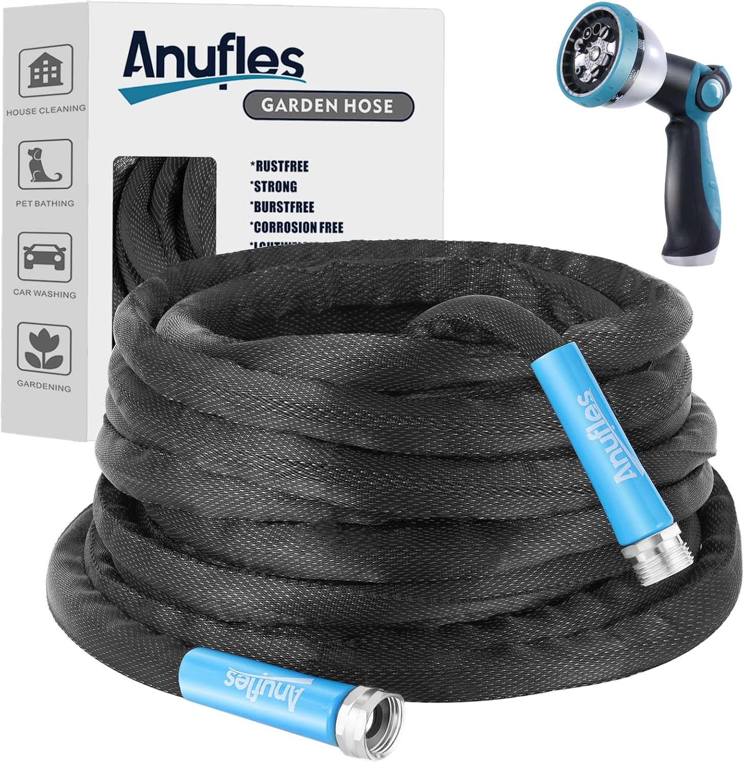 Aunfles 50FT Garden Hose – Flexible Water Hose with 10 Spray Nozzle, Lightweight Design, Easy Storage, Leak-Proof, Compact, Portable, Car Wash for Yard (Black)