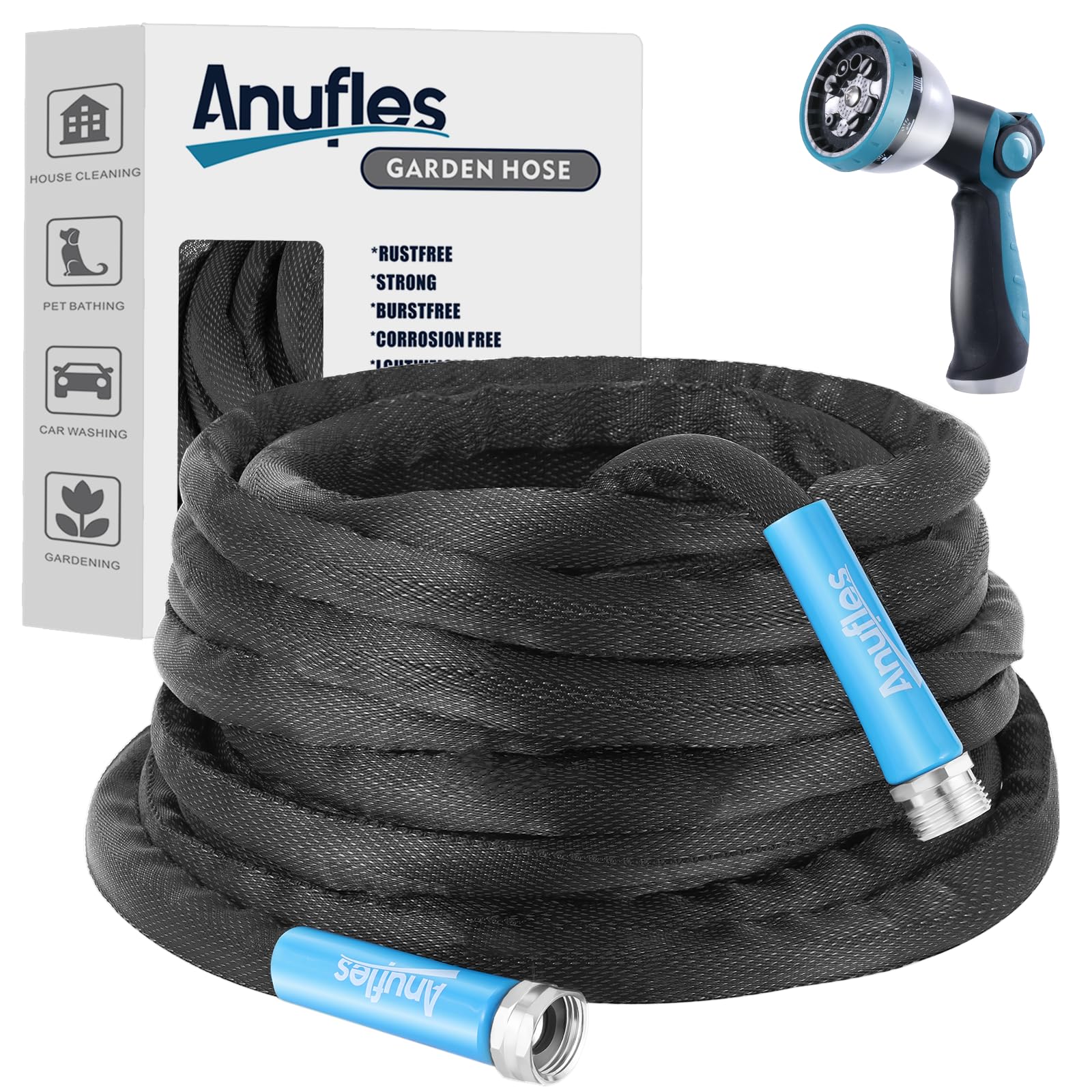 Aunfles 50FT Garden Hose - Flexible Water Hose with 10 Spray Nozzle, Lightweight Design, Easy Storage, Leak-Proof, Compact, Portable, Car Wash for Yard (Black)