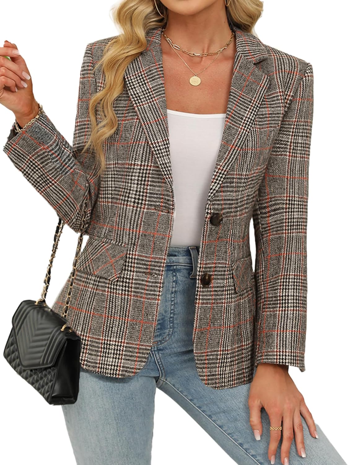 Lei sure Womens Houndstooth Plaid 2 Button Blazer Jacket Notch Lapel Business Casual Long Sleeve Office Blazer - Image 2