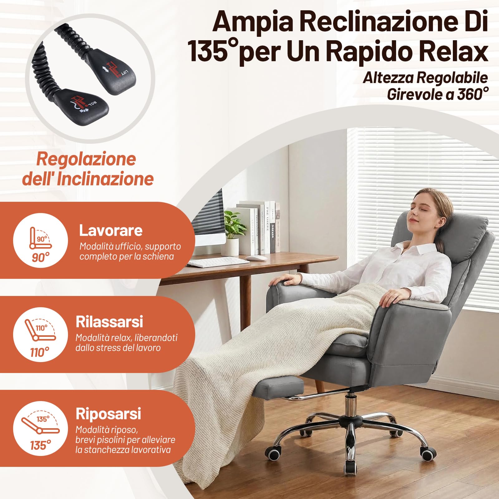 Sedia da Ufficio con Braccioli Regolabili a 5 Livelli, Poltrona Ufficio Ergonomica con Poggiapiedi, Sedia da Gioco in Pelle PU con Altezza Regolabile e Schienale Reclinabile 200kg, Grigio