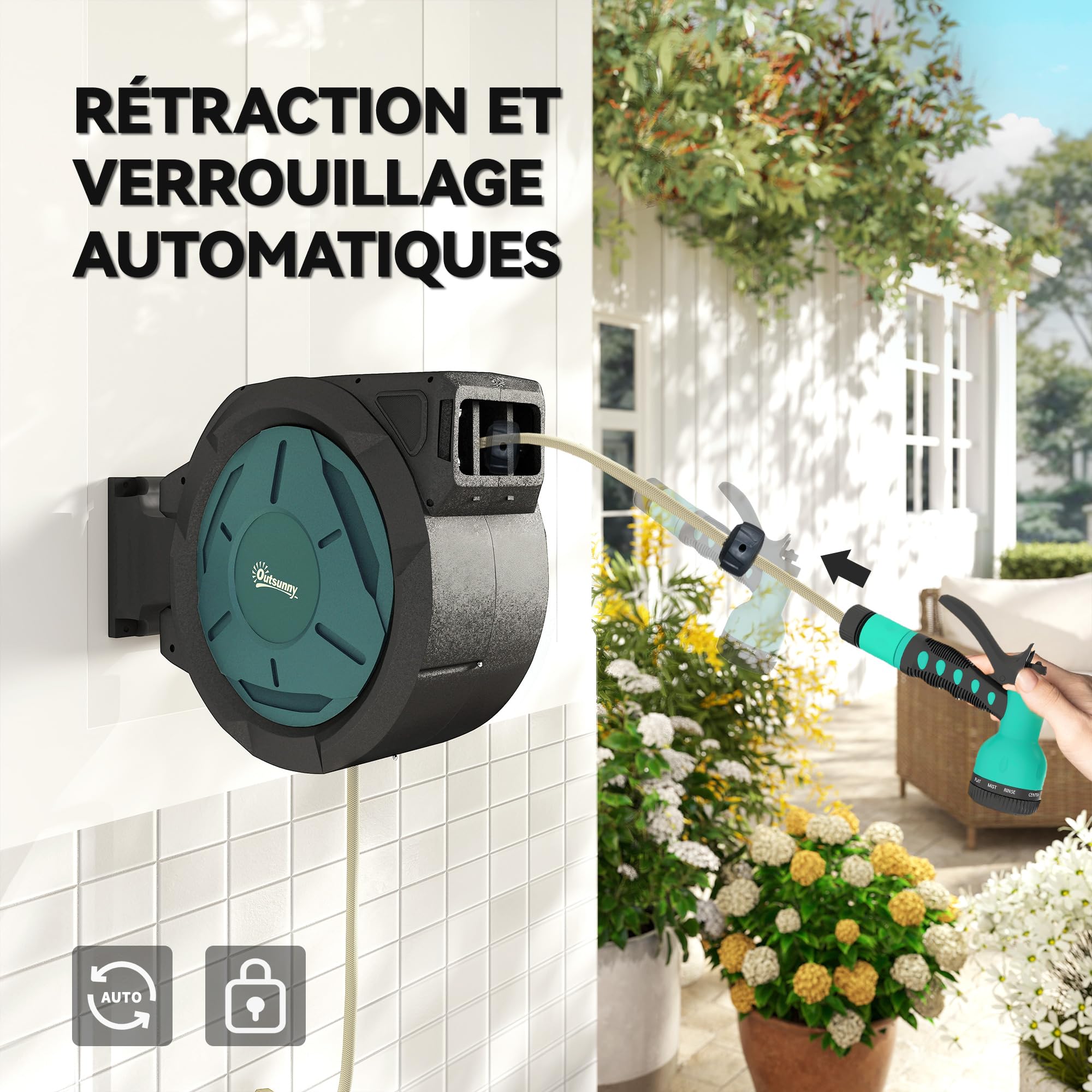 Outsunny Enrouleur Tuyau Arrosage Mural 25 m x Ø 15 mm Automatique Noir | Dévidoir Automatique de Tuyaux d'Eau, Pivotant à 180°, Buse à 7 Modes, pour Jardin et Lavage de Voiture