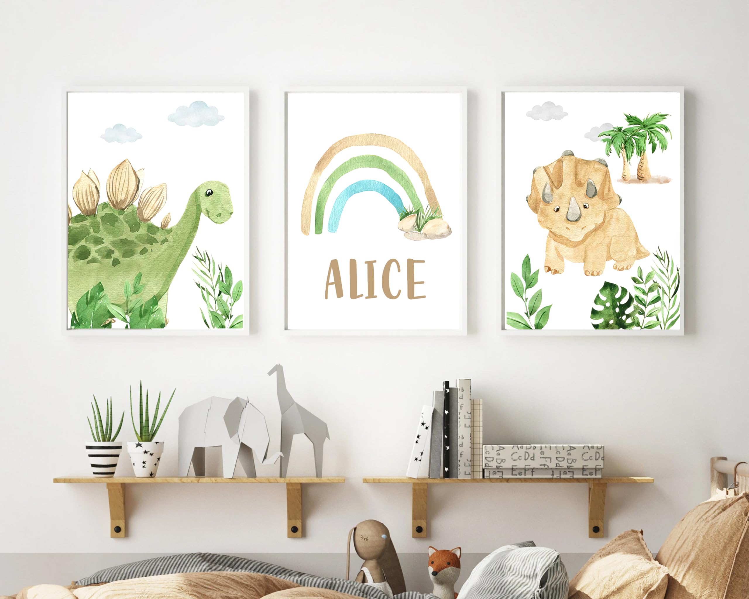 Set of 3 Childrens Personalised Name Dinosaur Bedroom prints Childrens kids Nursery wall art (A4)