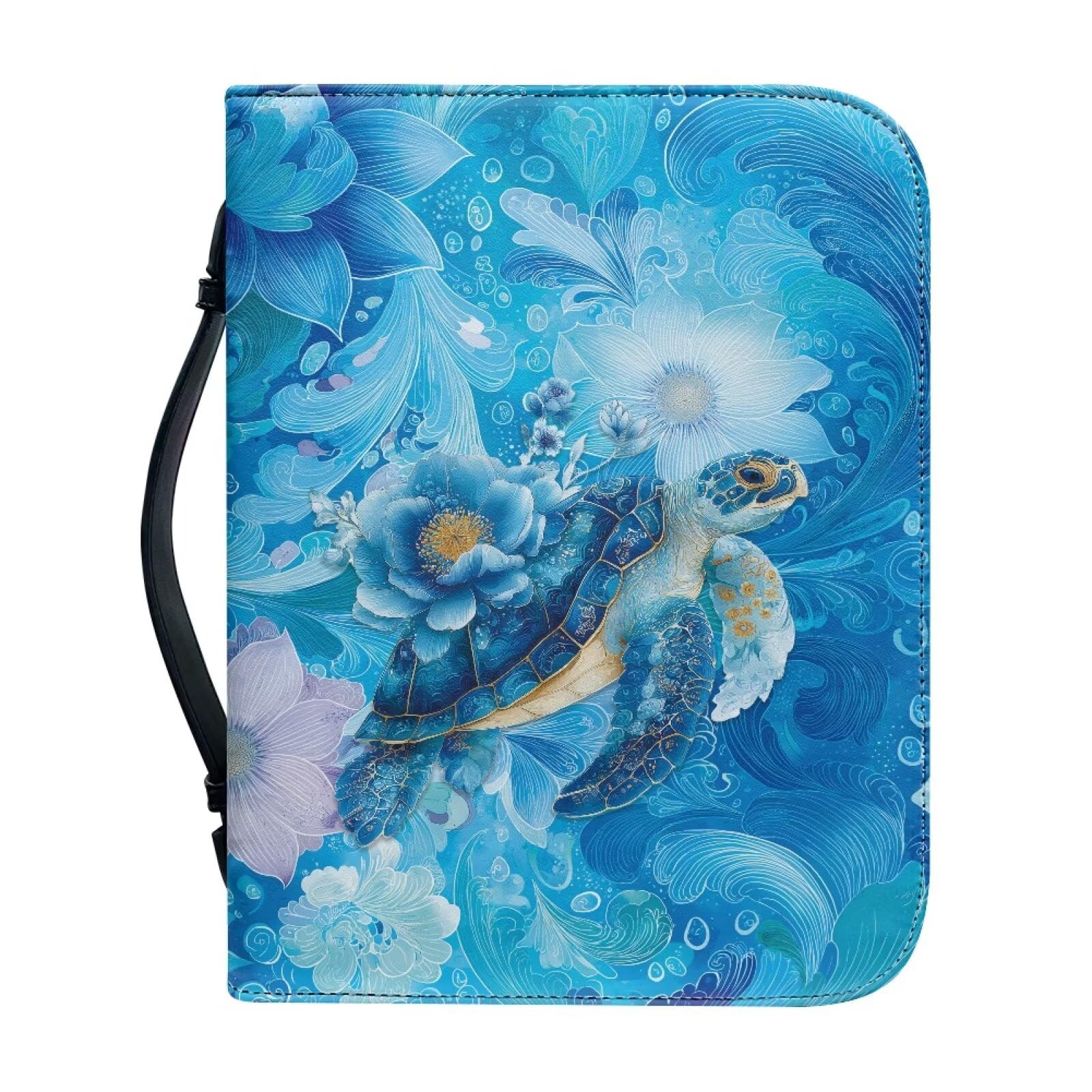 Talayituse Blue Turtle Flower Print Faux Leather Bible Cover for Men Women Christian Bible Case with Handle Carrying Book Case Protector Bible Tote Handbag Gifts, L