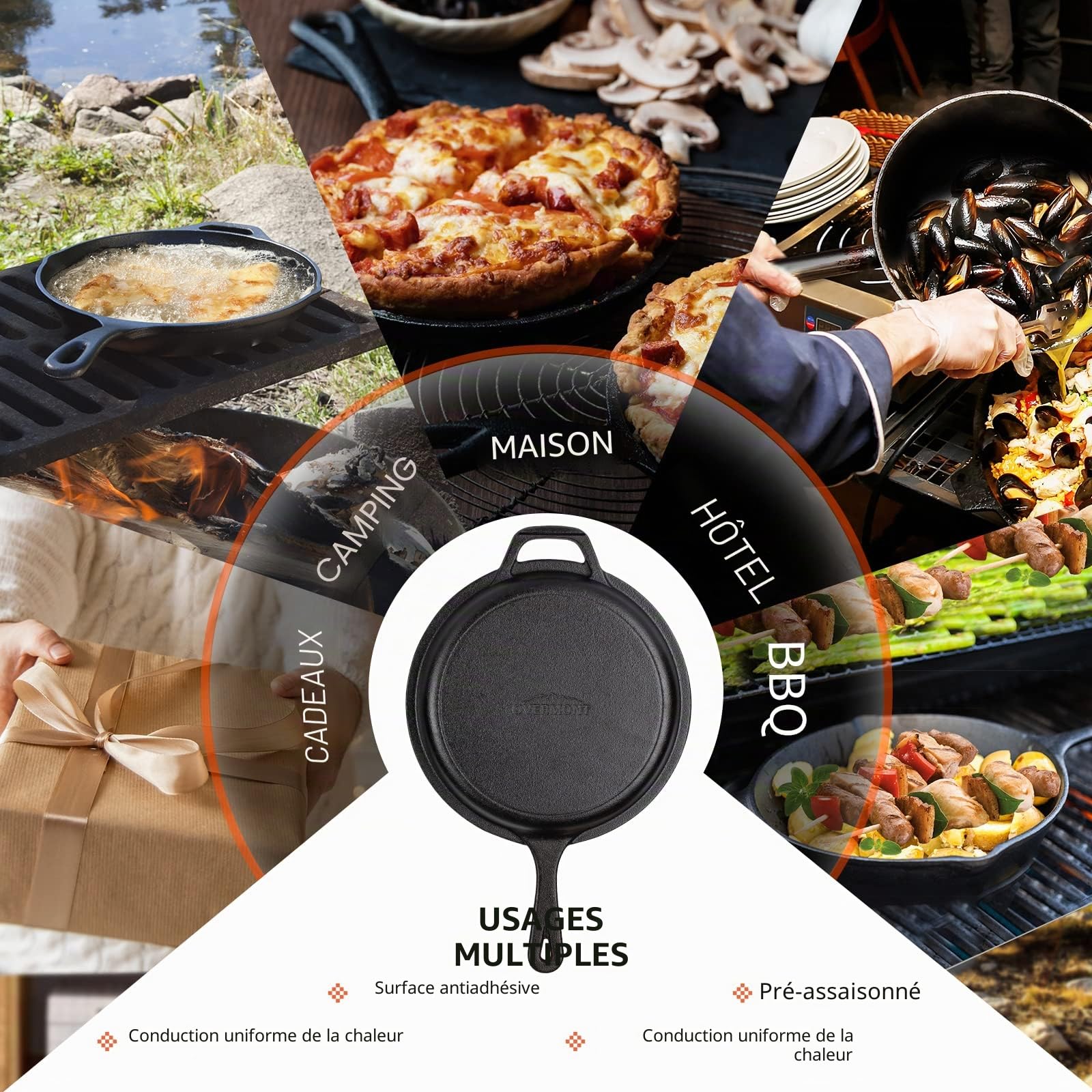Overmont Dutch Oven Pot en Fonte Prêt à l'emploi Couvercle/Poêle à Double Fonction avec Recette E-book pour Cuisine Camping Garden BBQ (26x8cm - Long Manche) Modèle : OV009