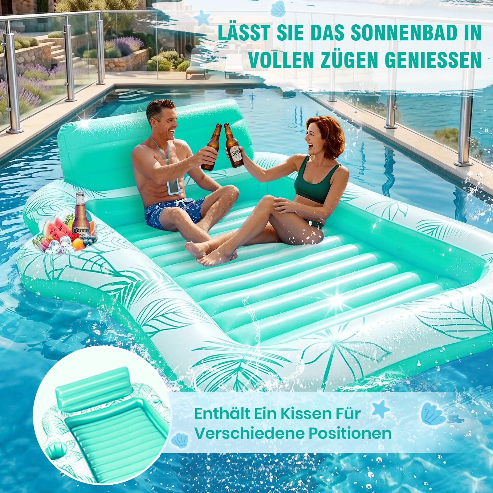 Charmofun Luftmatratze Tanning Pool Groß, 230 * 180 cm Doppelte Deluxe Aufblasbarer Sonnenpool mit Kopfstütze Eisbar wasserdichte Handytasche, Luftmatratze Pool für Erwachsene Strand Sommerspaß