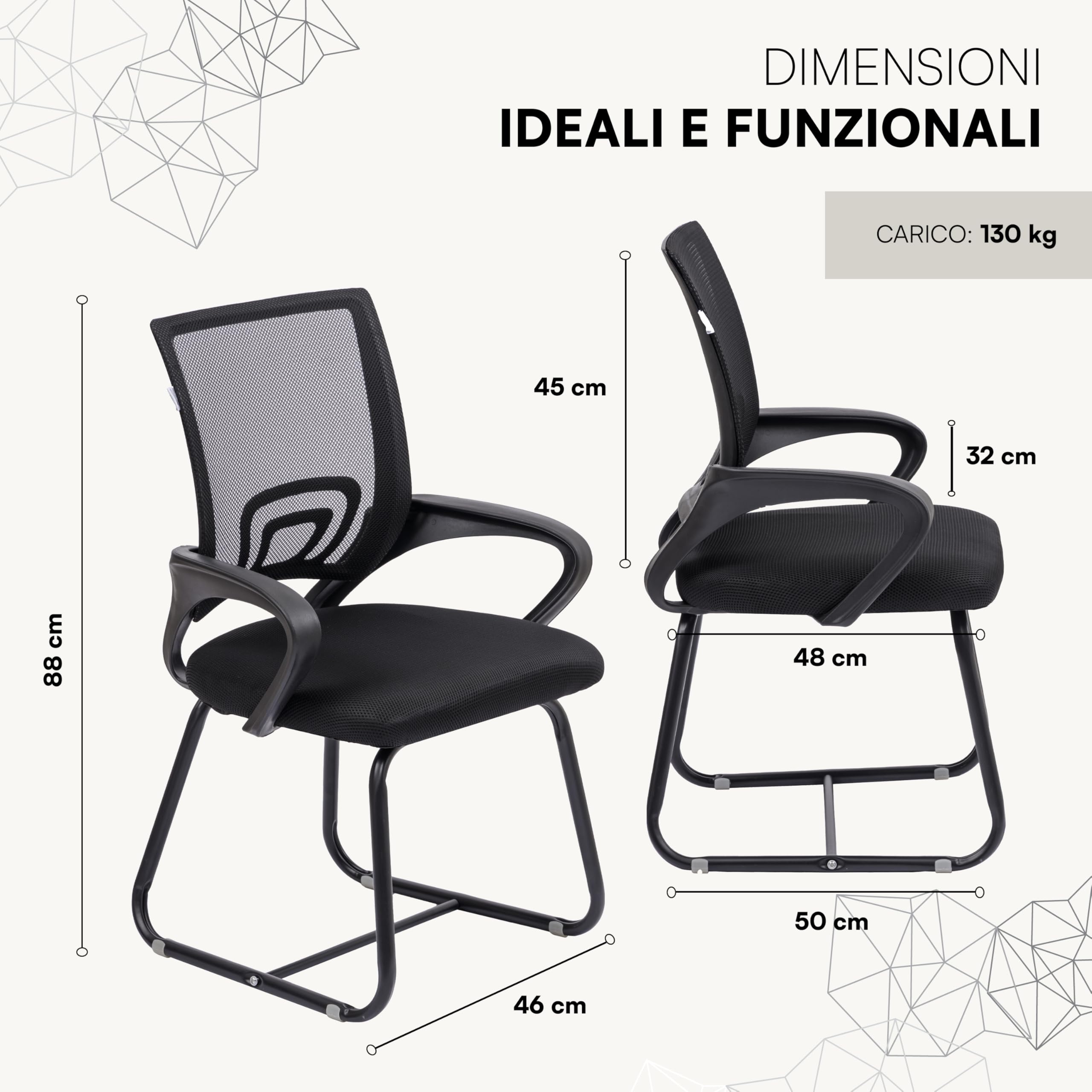 Baroni Home Sedia da Ufficio con Braccioli con Schienale Ergonomico in Tela Traspirante, Poltroncina a Sbalzo per Sale d'Attesa e Conferenze, Carico 130 kg, Nera con Gambe Nere, 46x50x88 cm