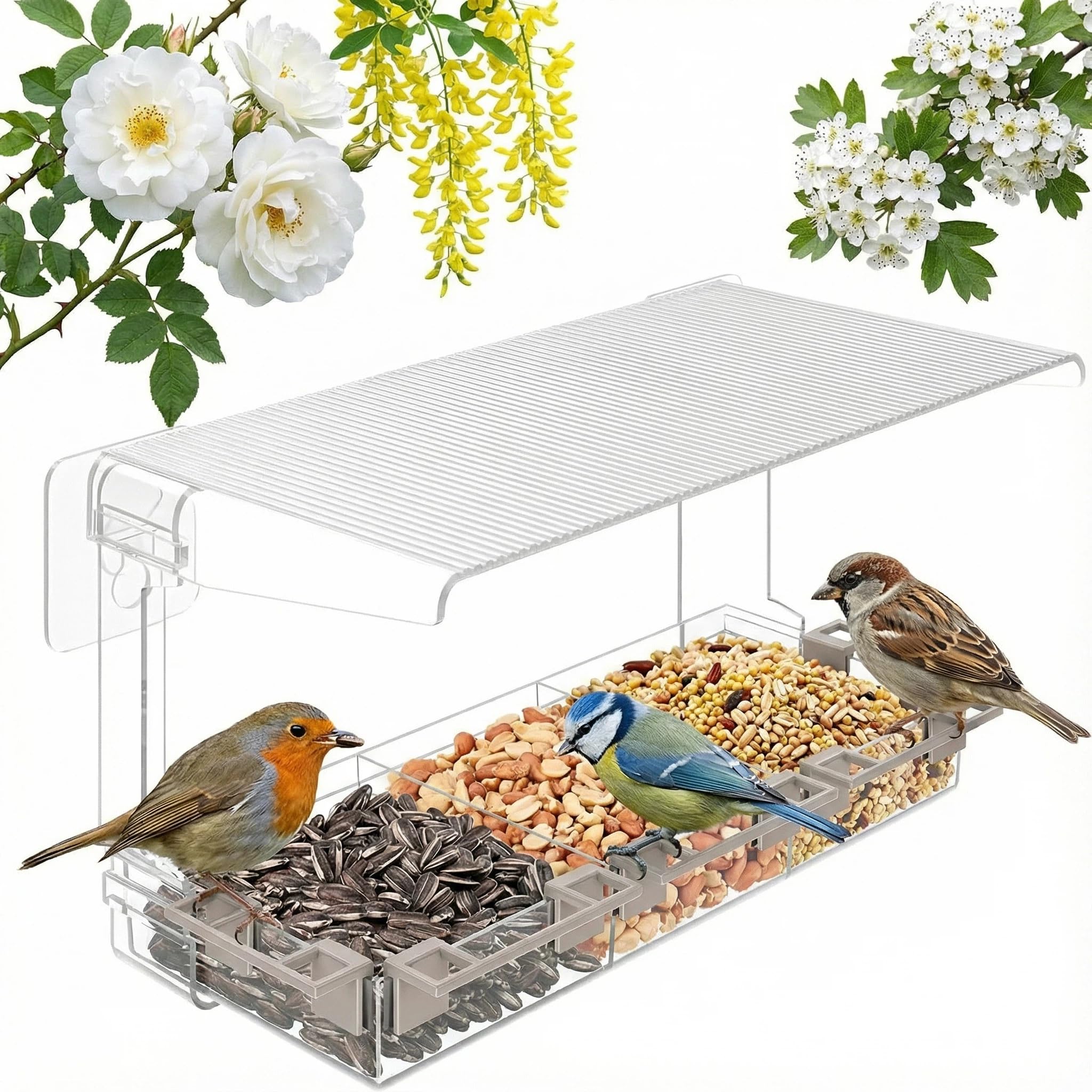Window Bird Feeder with Clear Acrylic Construction - Three Compartments, 5 Perches, Self-Adhesive Hooks, Detachable Seed Tray, Drainage Holes, Easy Installation for Outdoor Garden