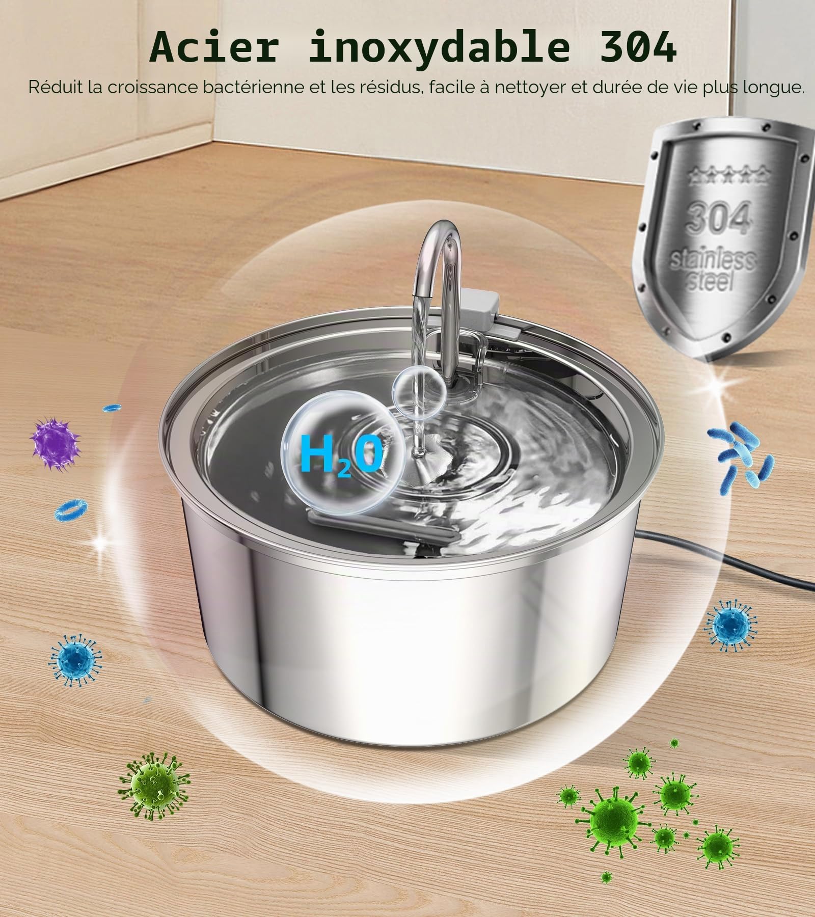 TOMXCUTE Fontaine à Eau pour Chat 3,2 L INOX avec Robinet Silencieux | Filtration efficace pour une eau propre et fraîche, idéale pour chats et petits chiens au quotidien
