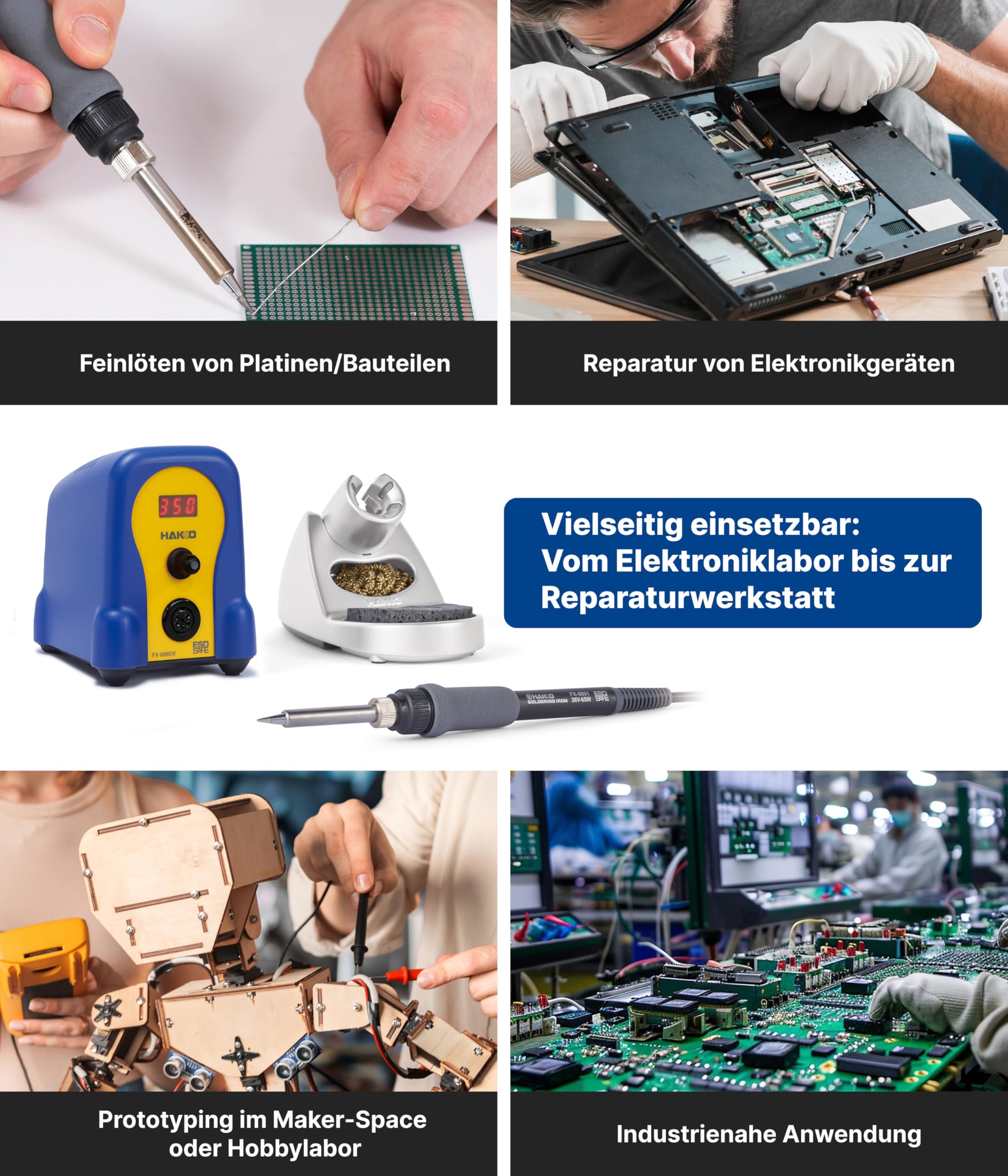 HAKKO® Lötstation FX-888DX Blau/Gelb (100 W) – Digitale Lötstation mit hervorragendem Wärmeübertrag, kompakt für kleine Arbeitsplätze, ideal für präzises & professionelles Löten – inkl. Werkzeughalter