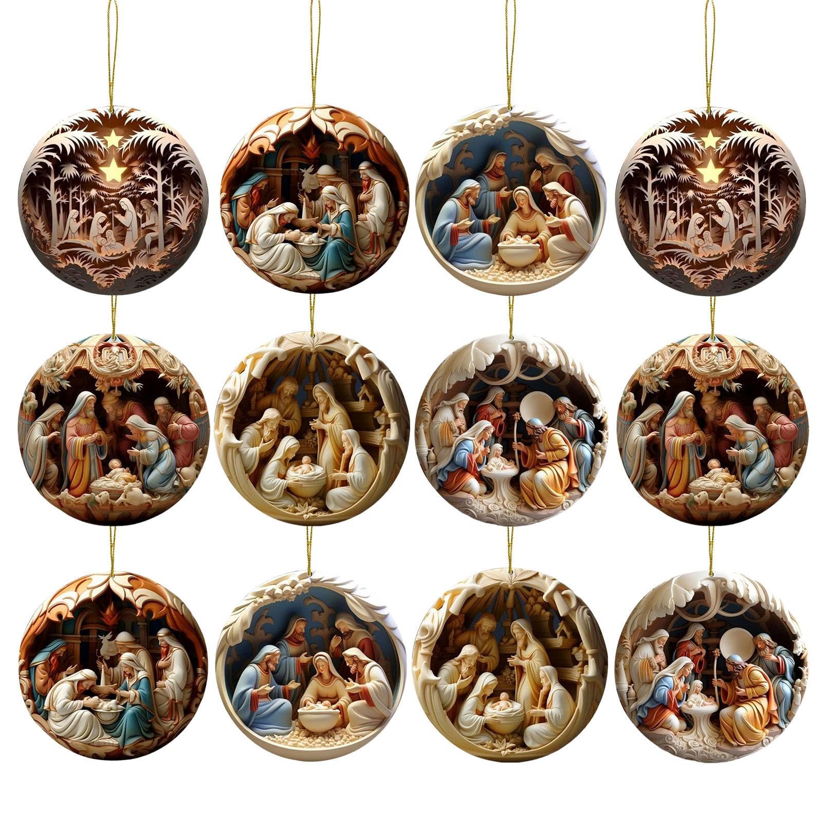 Wooden Nativity Set - 12 Piece Christmas Ornaments, 3 * 3 in Nativity Tree Decorations for Christmas & Easter