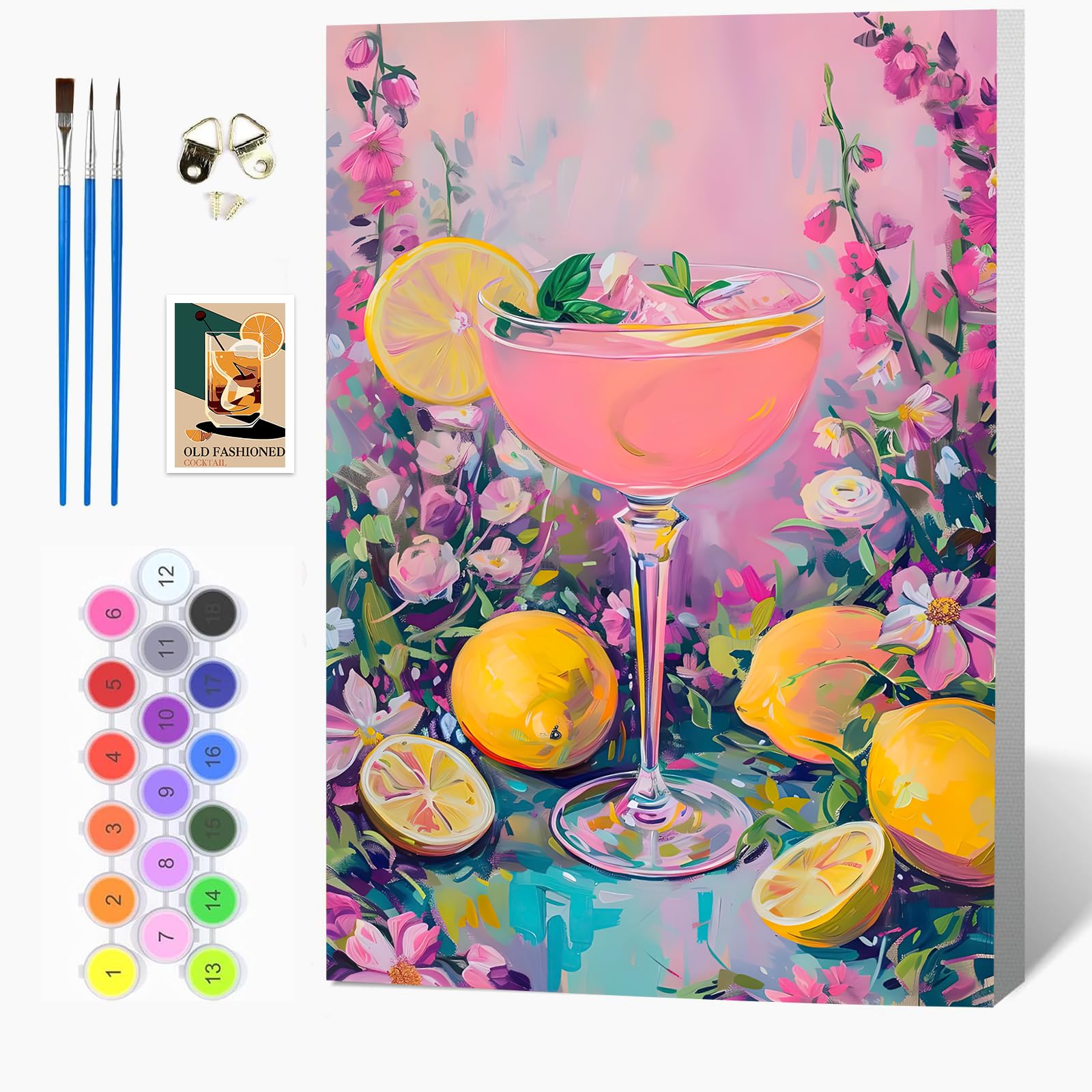Auremi Cocktail Paint by Numbers Kits Kids Adults, Fruit Painting by Number Kits On Canvas,Framed DIY Color Oil Painting Acrylic Paints,Home Wall Decor 20x30cm