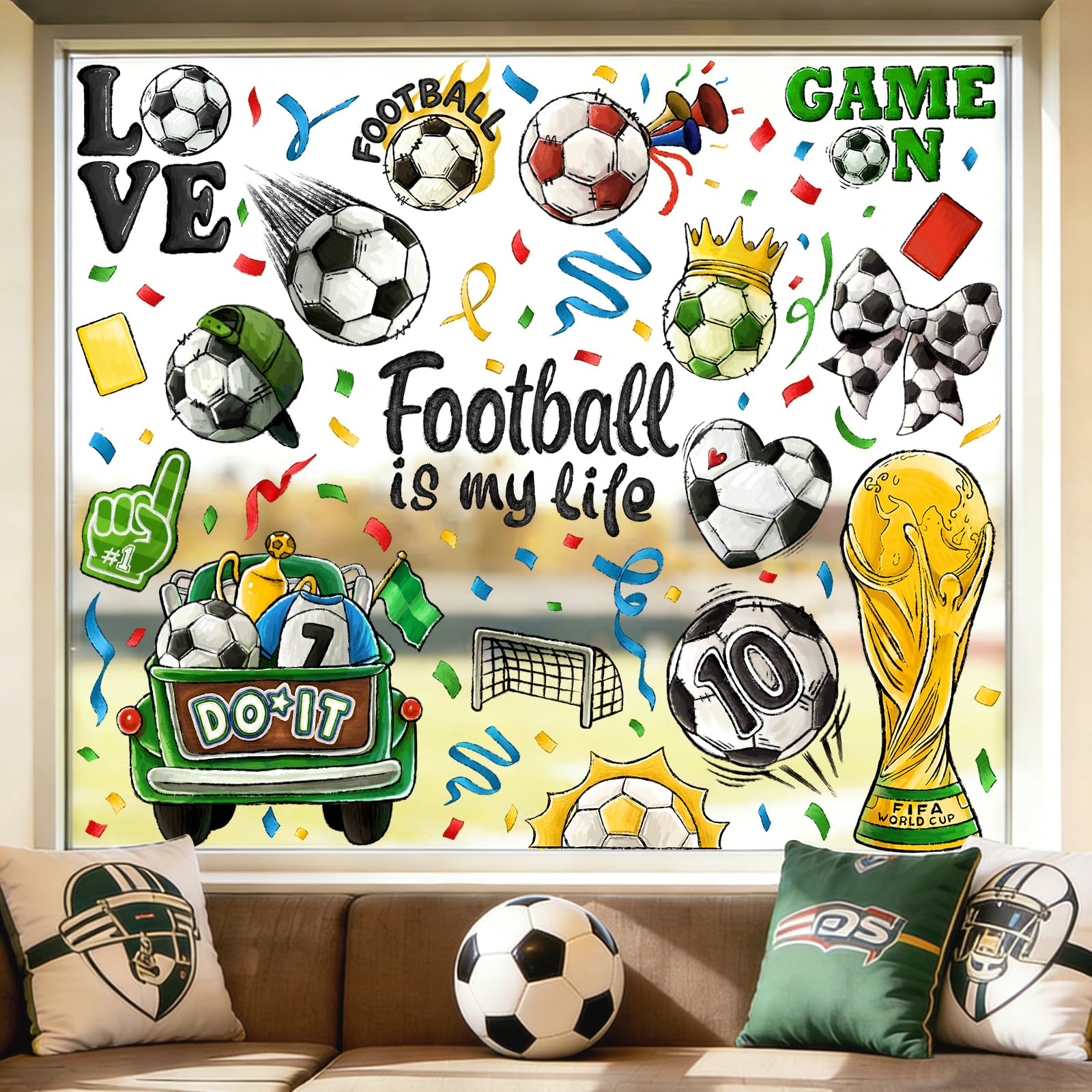 XIMISHOP 6 Sheets World Football Window Stickers 2026, Colorful Reusable World Soccer Window Double-Sided Static Stickers Decals for Football Game Party Spring Office School Glass Decorations