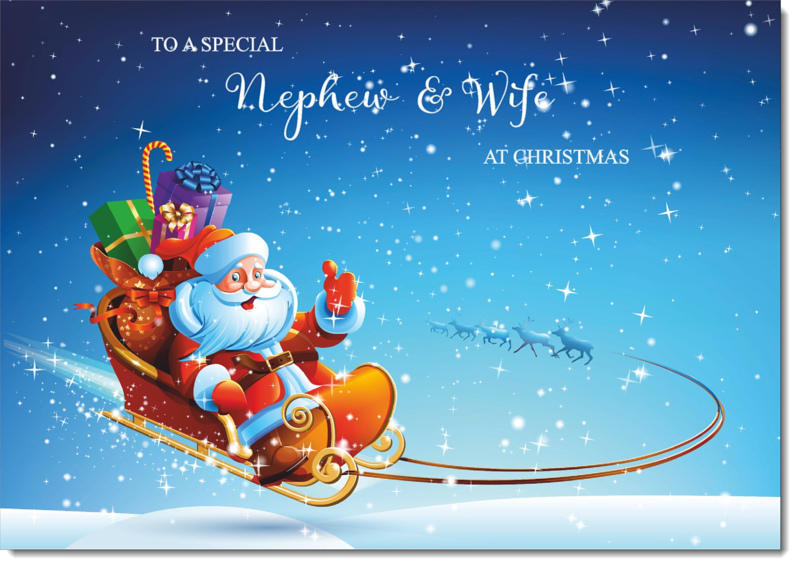 doodlecards Nephew and Wife Christmas Card Santas Sleigh Large A4 Size Christmas Card for Nephew & Wife with Plain Envelope