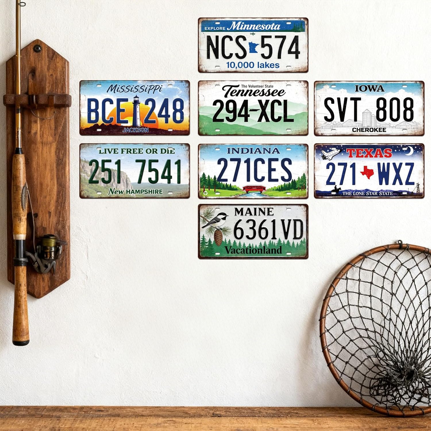 GLOBLELAND 8 Pcs Vintage License Plate Sign Sets 11.8×5.9 inch Retro Americana Metal Tin Signs License Famous Scenery Metal Car Signs for Man Cave Club Bar Cafe Home Decor