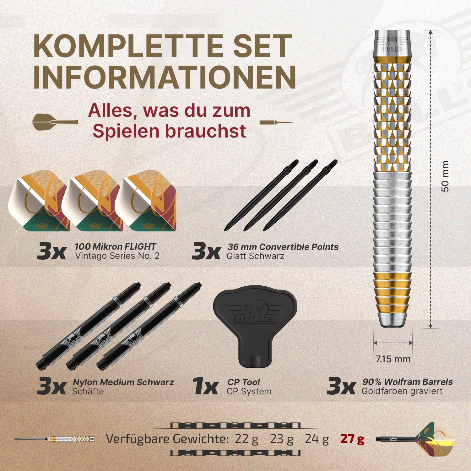 Bull's Vintago Shark 90% Tungsten Steeldarts mit Shark Grip - Gerades Barrel Fuer Enge Gruppierungen, Profi Dartpfeile Set - CP Point System, 22g 23g 24g 27g, 3er Dart Set